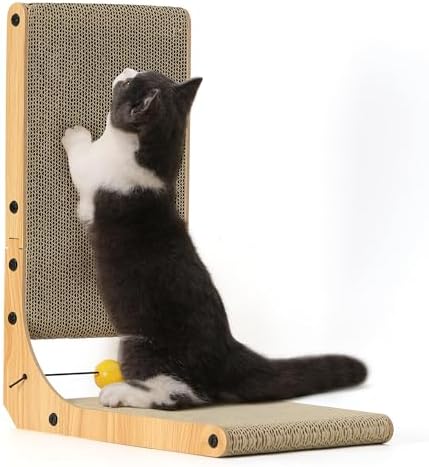FUKUMARU Cat Scratcher, 26.8 Inch L Shape Cat Scratch Pad Wall Mounted, Cat Scratching Cardboard with Ball Toy for Indoor Cats