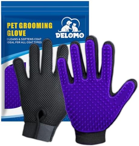 DELOMO Pet Grooming Glove - Gentle Deshedding Brush Glove - Efficient Pet Hair Remover Mitt - Enhanced Five Finger Design - Perfect for Dog & Cat with Long & Short Fur - 1 Pair