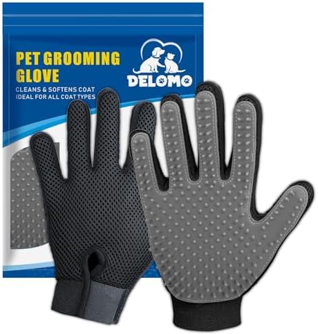 DELOMO Pet Grooming Glove - Gentle Deshedding Brush Glove - Efficient Pet Hair Remover Mitt - Enhanced Five Finger Design - Perfect for Dog & Cat with Long & Short Fur - 1 Pair