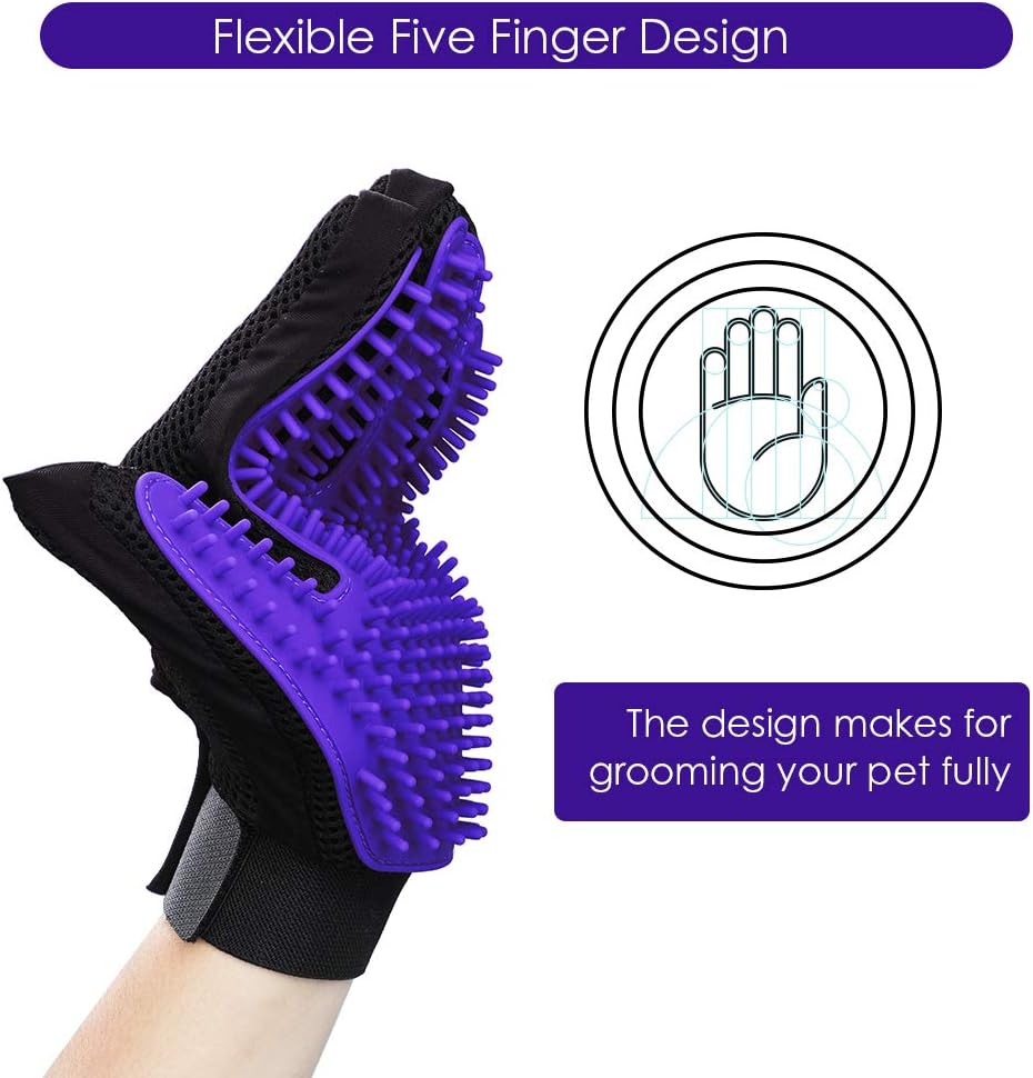 DELOMO Pet Grooming Glove - Gentle Deshedding Brush Glove - Efficient Pet Hair Remover Mitt - Enhanced Five Finger Design - Perfect for Dog & Cat with Long & Short Fur - 1 Pair