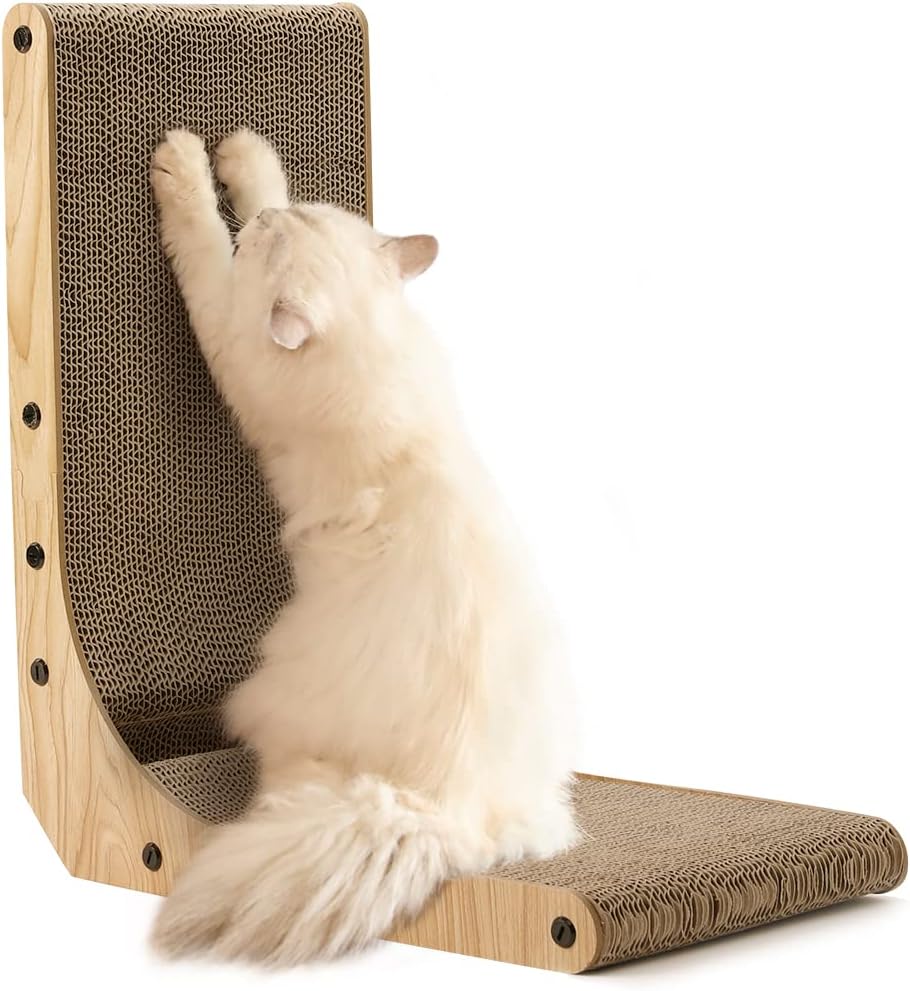 FUKUMARU Cat Scratcher, 26.8 Inch L Shape Cat Scratch Pad Wall Mounted, Cat Scratching Cardboard with Ball Toy for Indoor Cats