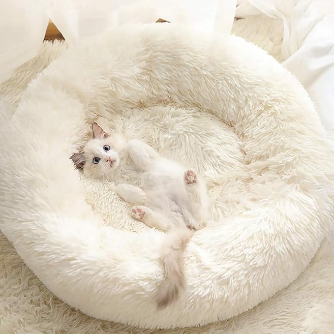 Gavenia Cat Beds for Indoor Cats -20’’x20’’ Washable Donut Cat and Dog Bed,Soft Plush Pet Cushion,Waterproof Bottom - Fluffy Dog and Cat Calming & Self-Warming Bed for and Sleep Improvement (Beige)