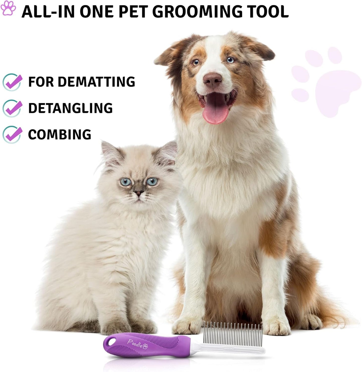 Detangling Pet Comb with Long & Short Stainless Steel Teeth for Removing Matted Fur, Knots & Tangles – Detangler Tool Accessories for Safe & Gentle DIY Dog & Cat Grooming (Grooming Comb)