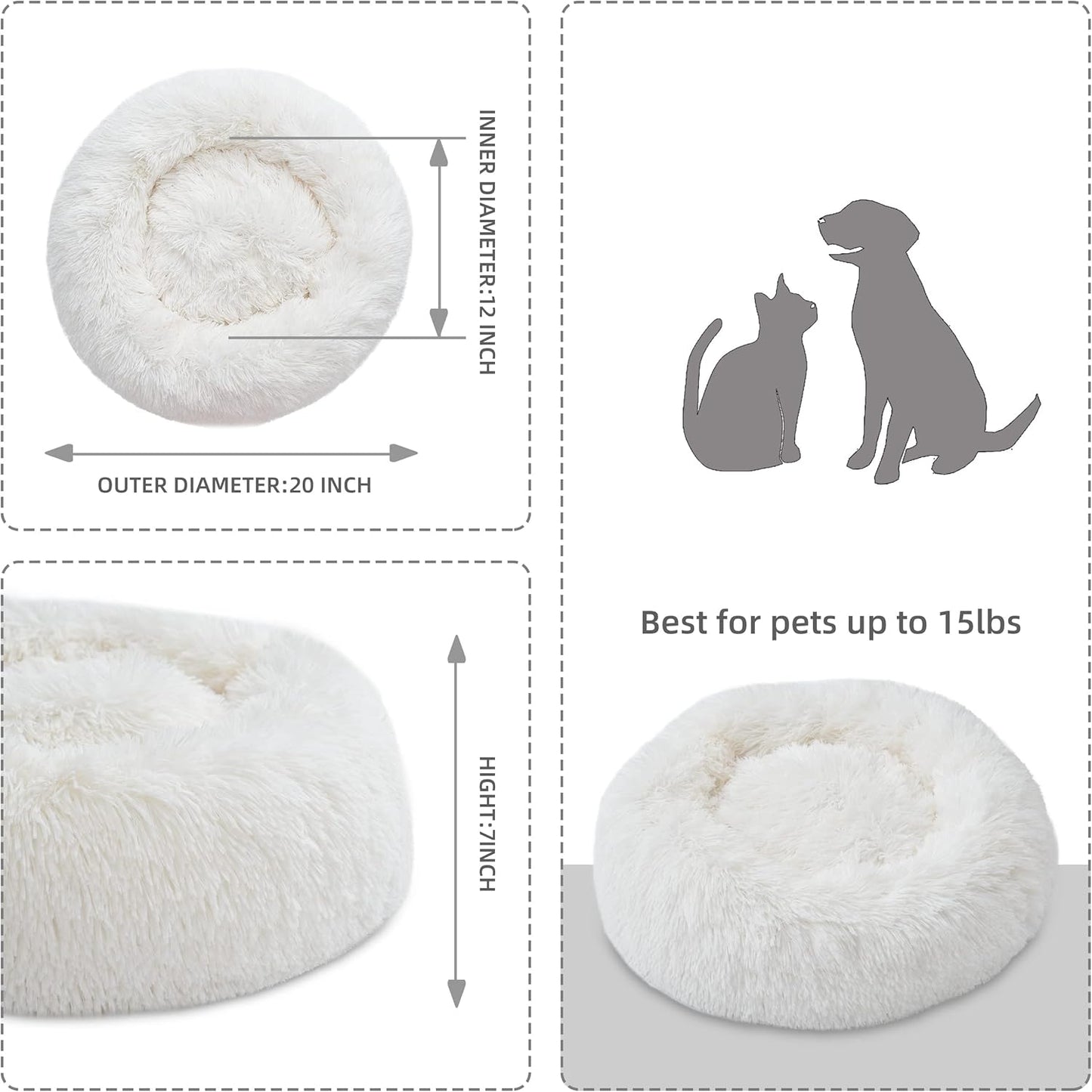 Gavenia Cat Beds for Indoor Cats -20’’x20’’ Washable Donut Cat and Dog Bed,Soft Plush Pet Cushion,Waterproof Bottom - Fluffy Dog and Cat Calming & Self-Warming Bed for and Sleep Improvement (Beige)