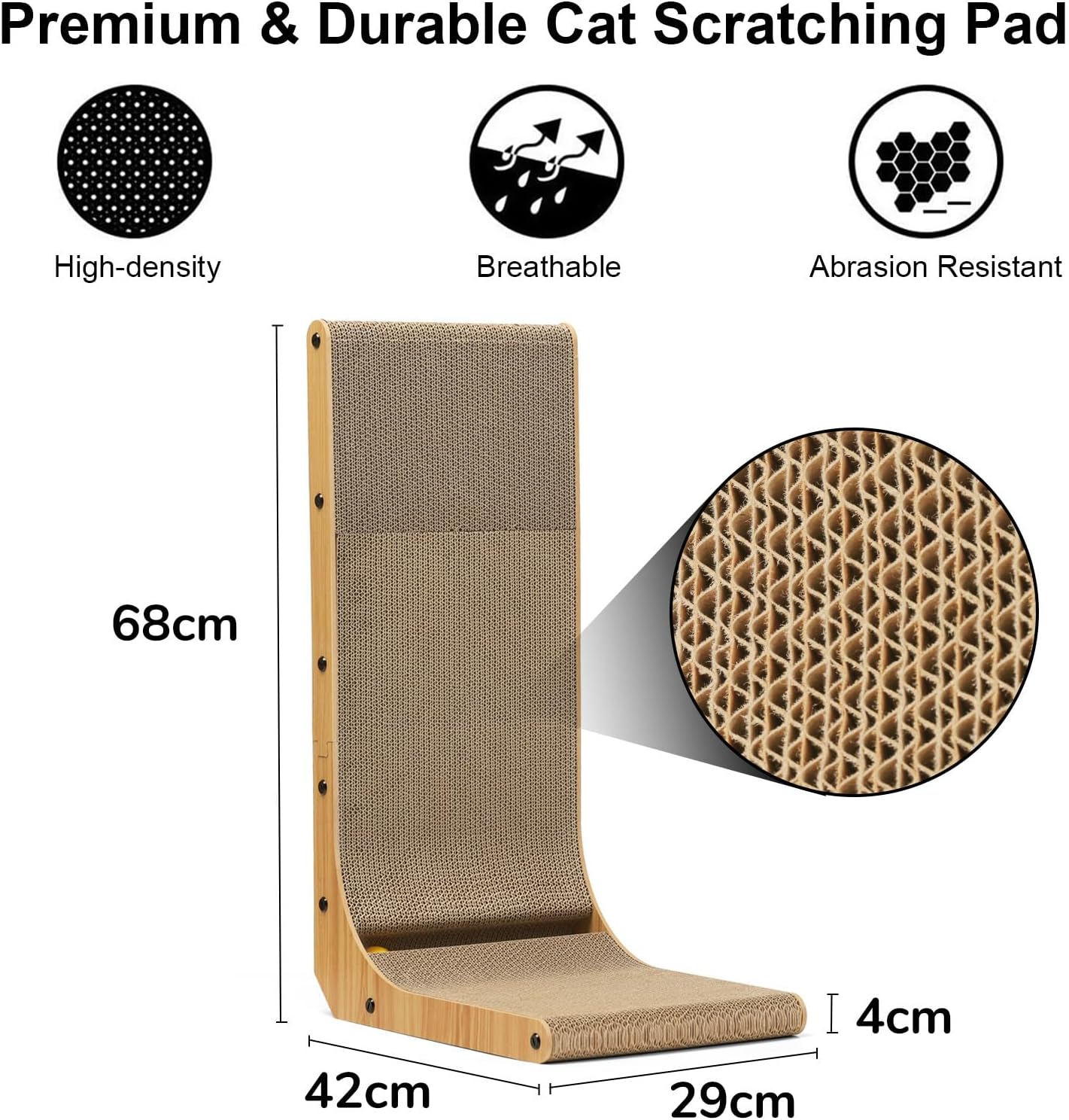 FUKUMARU Cat Scratcher, 26.8 Inch L Shape Cat Scratch Pad Wall Mounted, Cat Scratching Cardboard with Ball Toy for Indoor Cats
