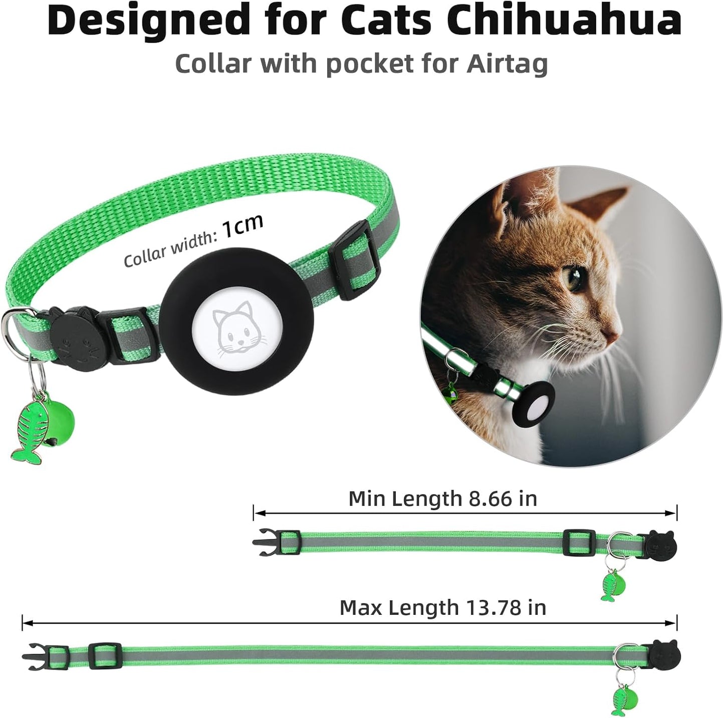 Airtag Cat Collar, Air tag Cat Collar with Bell and Safety Buckle in 3/8" Width, Reflective Collar with Waterproof Airtag Holder Compatible with Apple Airtag for Cat Dog Kitten Puppy (Black)