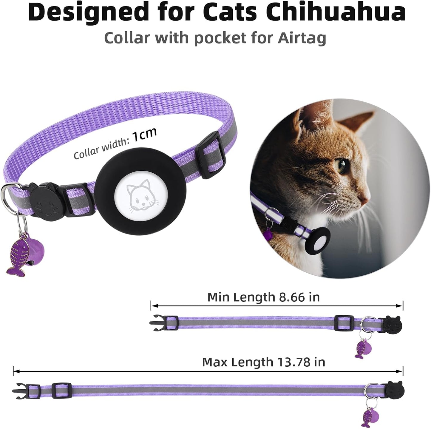 Airtag Cat Collar, Air tag Cat Collar with Bell and Safety Buckle in 3/8" Width, Reflective Collar with Waterproof Airtag Holder Compatible with Apple Airtag for Cat Dog Kitten Puppy (Black)