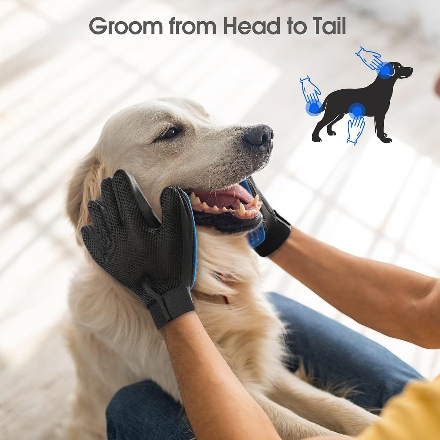 DELOMO Pet Grooming Glove - Gentle Deshedding Brush Glove - Efficient Pet Hair Remover Mitt - Enhanced Five Finger Design - Perfect for Dog & Cat with Long & Short Fur - 1 Pair