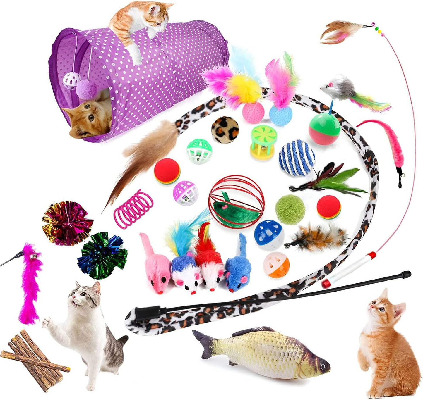 Ownfume 38 Pcs Cat Toys,Kitten Toys,Cat Toys Interactive Accessories for Indoor Cats,Cat Tunnel,Variety Teaser Wand with Feathers,Cat Toys for Kittens Biting,Catnip Fish,Mice,Balls for Cat Pet Lovers