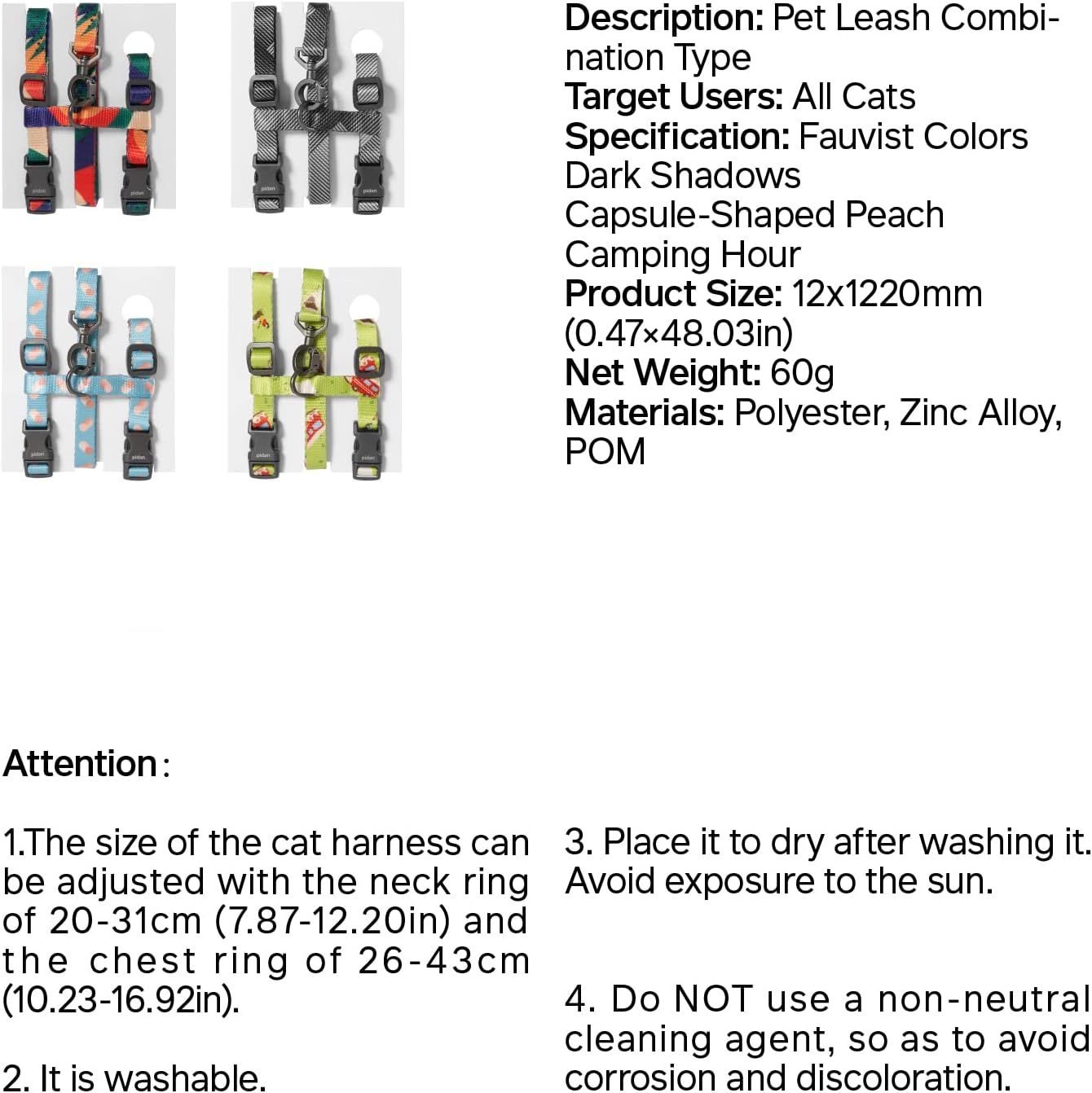 pidan Cat Harness and Leash Set, Cats Escape Proof - Adjustable Kitten Harness for Large Small Cats, Lightweight Soft Walking Travel Petsafe Harness (Multicolor)