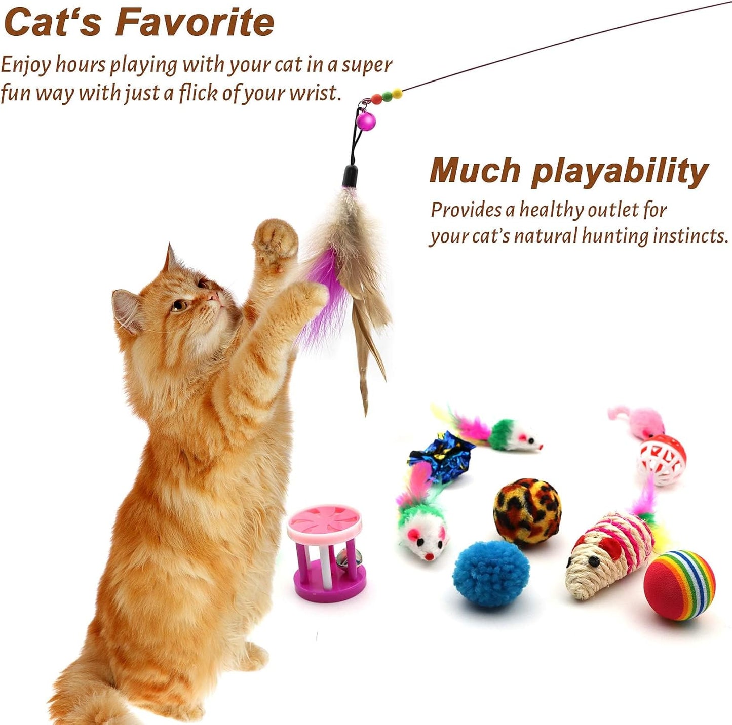 Ownfume 38 Pcs Cat Toys,Kitten Toys,Cat Toys Interactive Accessories for Indoor Cats,Cat Tunnel,Variety Teaser Wand with Feathers,Cat Toys for Kittens Biting,Catnip Fish,Mice,Balls for Cat Pet Lovers