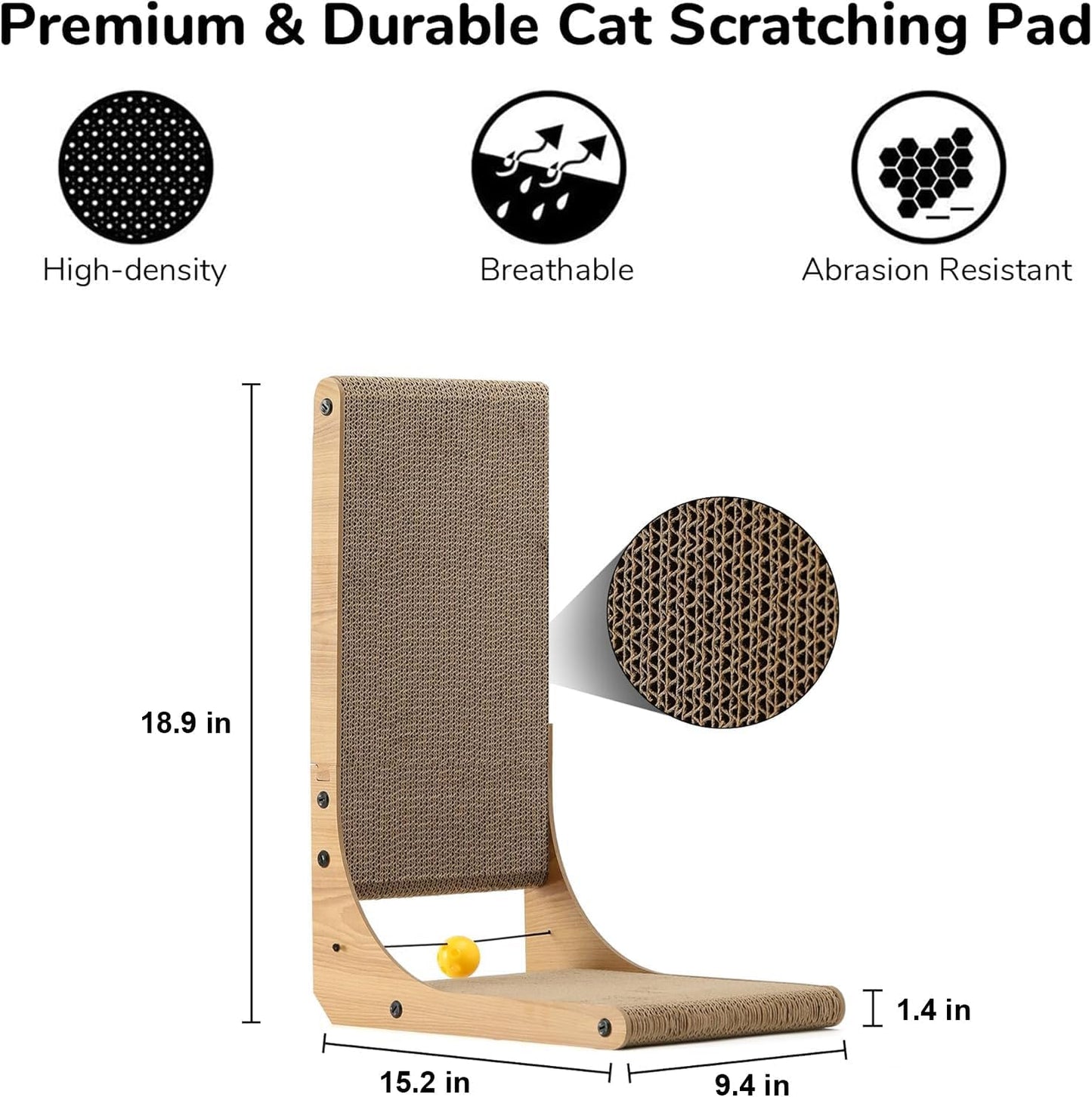 FUKUMARU Cat Scratcher, 26.8 Inch L Shape Cat Scratch Pad Wall Mounted, Cat Scratching Cardboard with Ball Toy for Indoor Cats