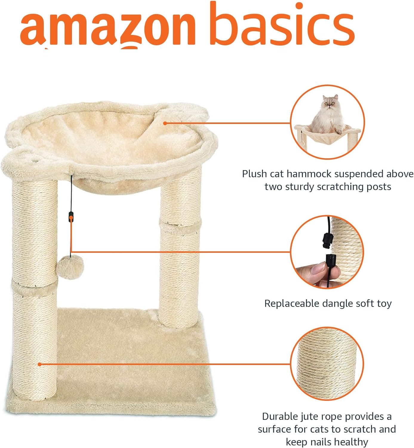 Amazon Basics Cat Tree Tower With Scratching Post And Hammock Bed for Indoor Cat - 40.6 x 51 x 40.6 Cenitmeters, Grey