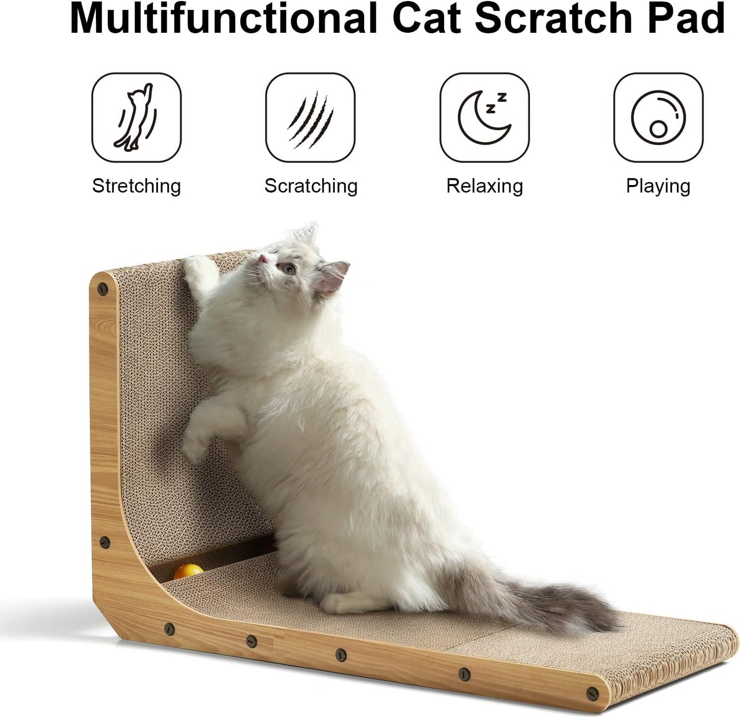 FUKUMARU Cat Scratcher, 26.8 Inch L Shape Cat Scratch Pad Wall Mounted, Cat Scratching Cardboard with Ball Toy for Indoor Cats