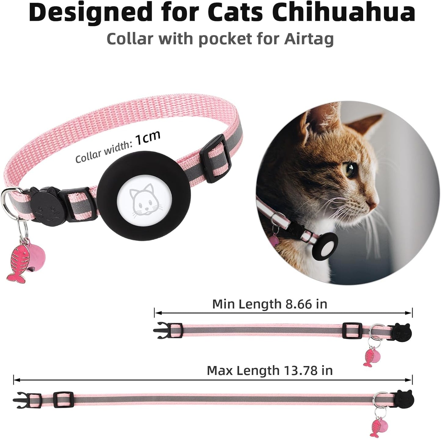 Airtag Cat Collar, Air tag Cat Collar with Bell and Safety Buckle in 3/8" Width, Reflective Collar with Waterproof Airtag Holder Compatible with Apple Airtag for Cat Dog Kitten Puppy (Black)