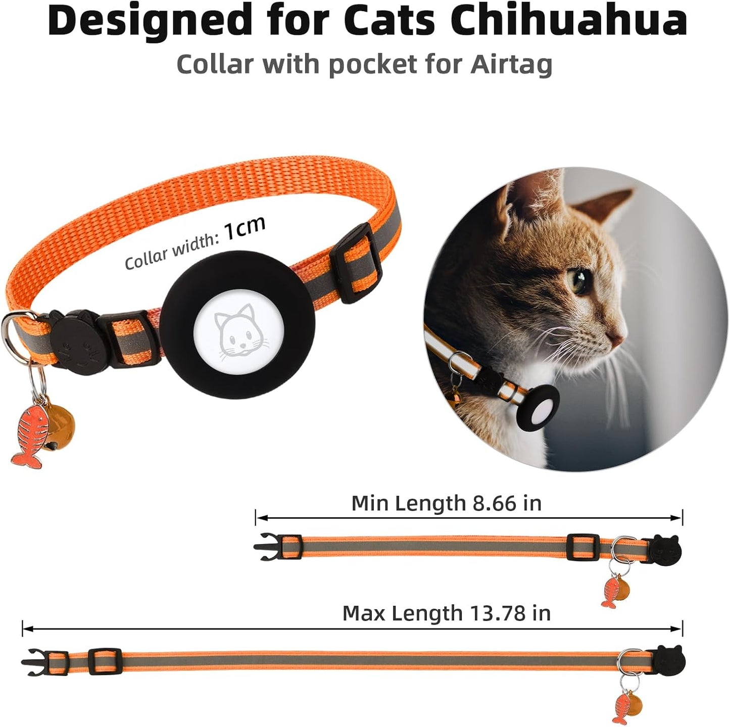 Airtag Cat Collar, Air tag Cat Collar with Bell and Safety Buckle in 3/8" Width, Reflective Collar with Waterproof Airtag Holder Compatible with Apple Airtag for Cat Dog Kitten Puppy (Black)