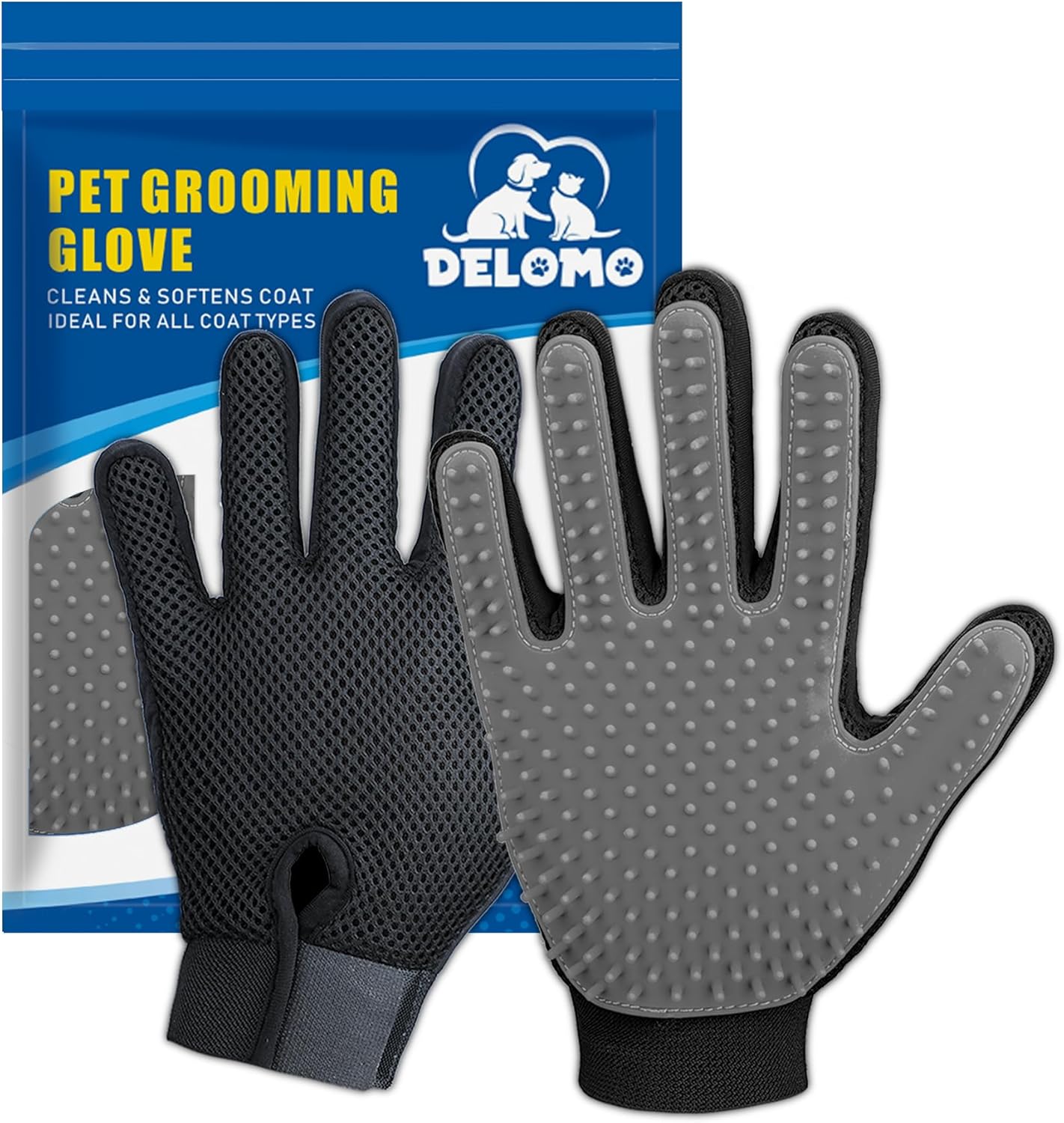 DELOMO Pet Grooming Glove - Gentle Deshedding Brush Glove - Efficient Pet Hair Remover Mitt - Enhanced Five Finger Design - Perfect for Dog & Cat with Long & Short Fur - 1 Pair
