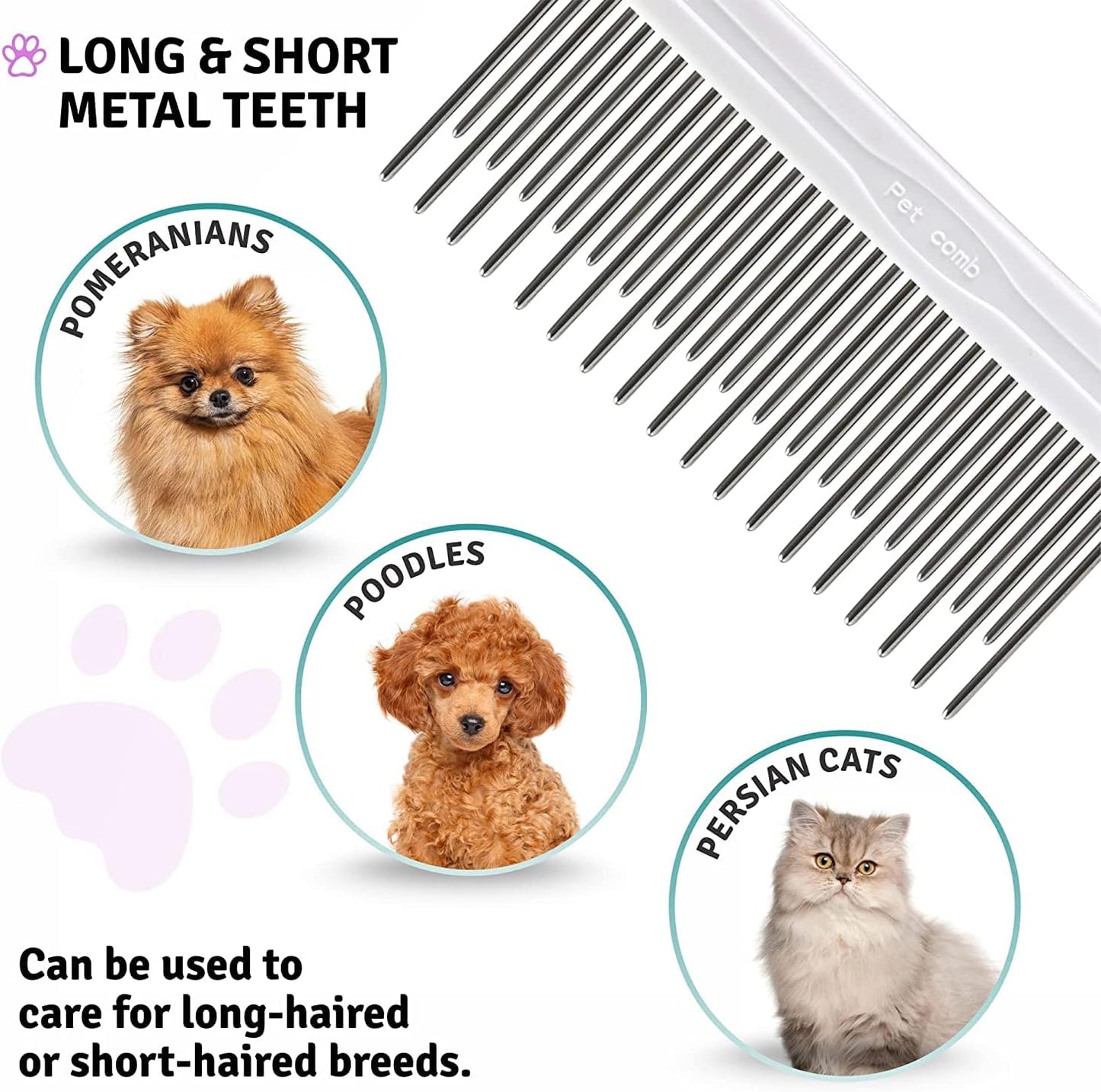 Detangling Pet Comb with Long & Short Stainless Steel Teeth for Removing Matted Fur, Knots & Tangles – Detangler Tool Accessories for Safe & Gentle DIY Dog & Cat Grooming (Grooming Comb)