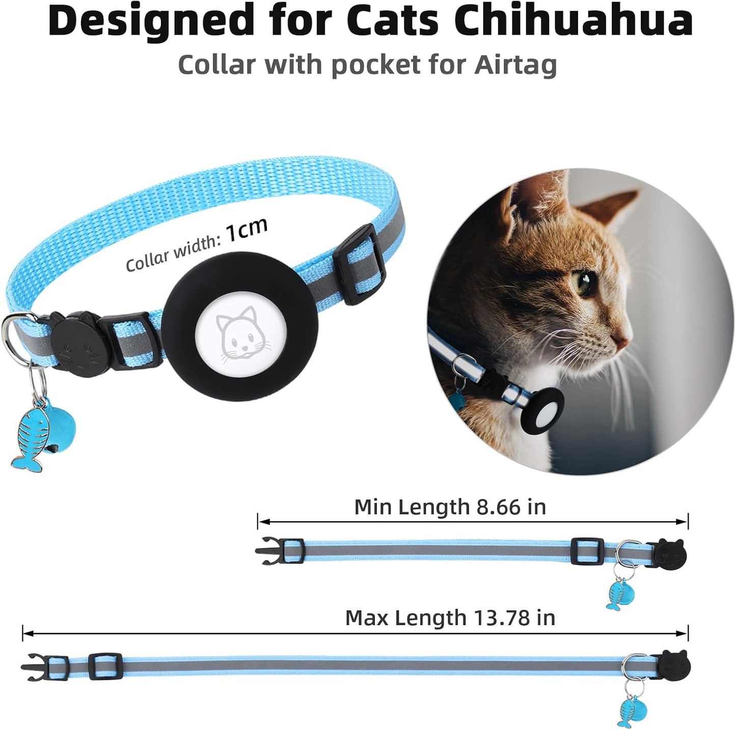 Airtag Cat Collar, Air tag Cat Collar with Bell and Safety Buckle in 3/8" Width, Reflective Collar with Waterproof Airtag Holder Compatible with Apple Airtag for Cat Dog Kitten Puppy (Black)