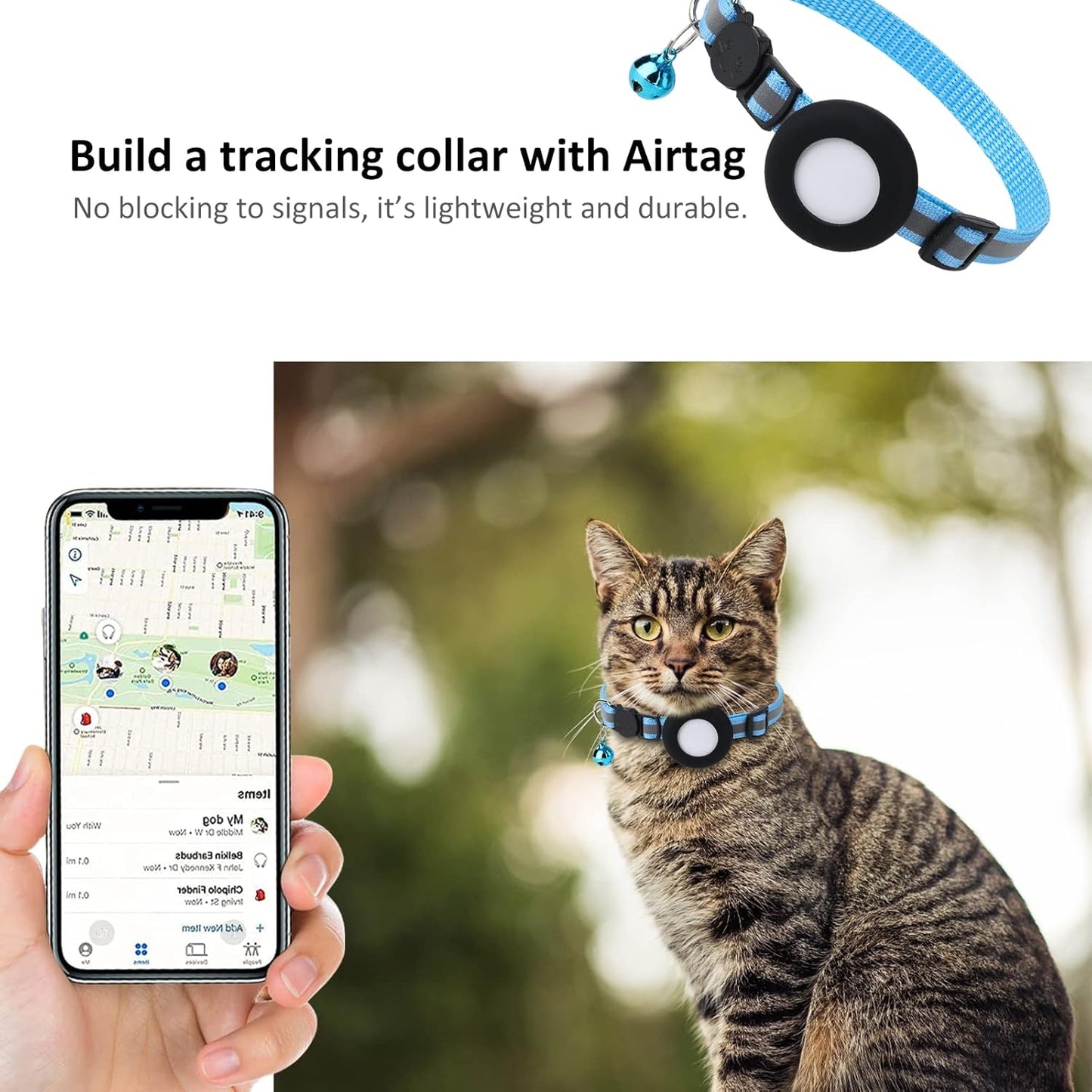 Airtag Cat Collar, Air tag Cat Collar with Bell and Safety Buckle in 3/8" Width, Reflective Collar with Waterproof Airtag Holder Compatible with Apple Airtag for Cat Dog Kitten Puppy (Black)