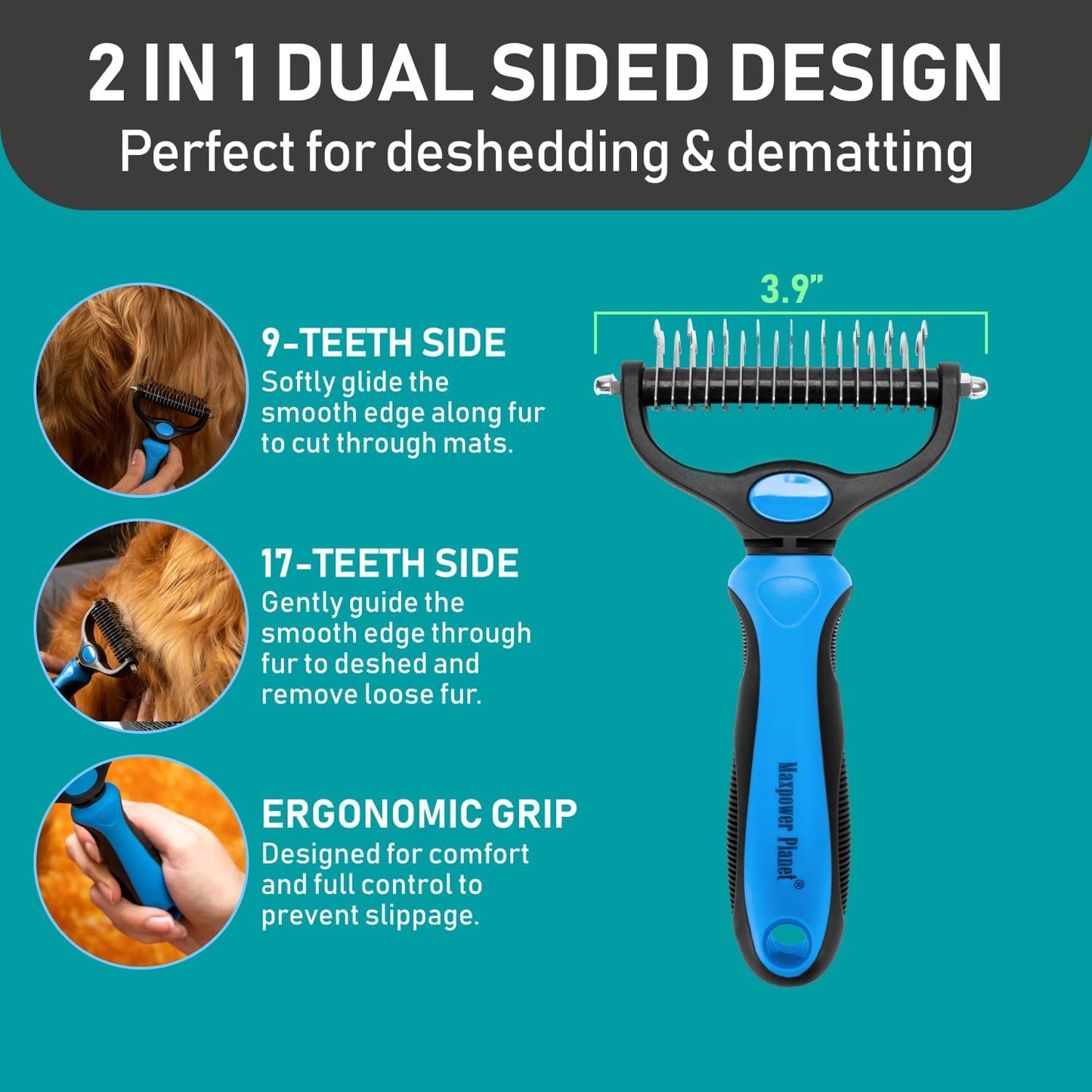 Maxpower Planet Pet Grooming Brush - Double Sided Shedding and Dematting Undercoat Rake Comb for Dogs and Cats,Extra Wide, Blue, Dog Grooming Brush, Dog Shedding Brush