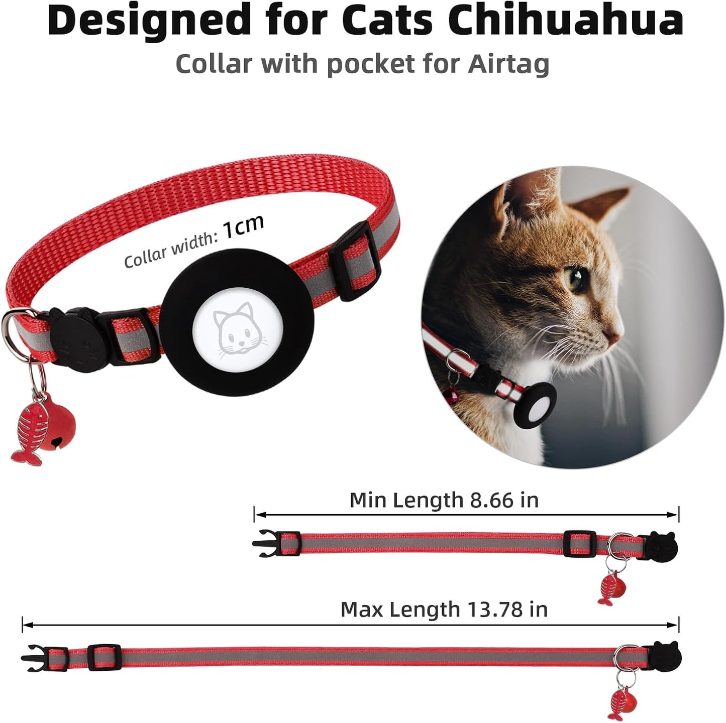 Airtag Cat Collar, Air tag Cat Collar with Bell and Safety Buckle in 3/8" Width, Reflective Collar with Waterproof Airtag Holder Compatible with Apple Airtag for Cat Dog Kitten Puppy (Black)