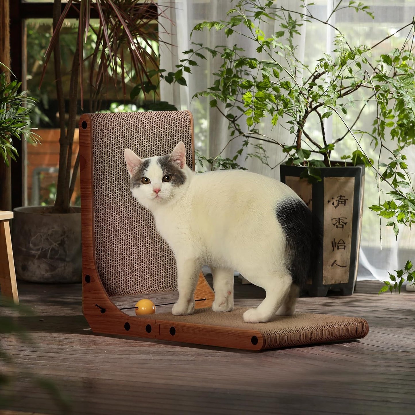 FUKUMARU Cat Scratcher, 26.8 Inch L Shape Cat Scratch Pad Wall Mounted, Cat Scratching Cardboard with Ball Toy for Indoor Cats