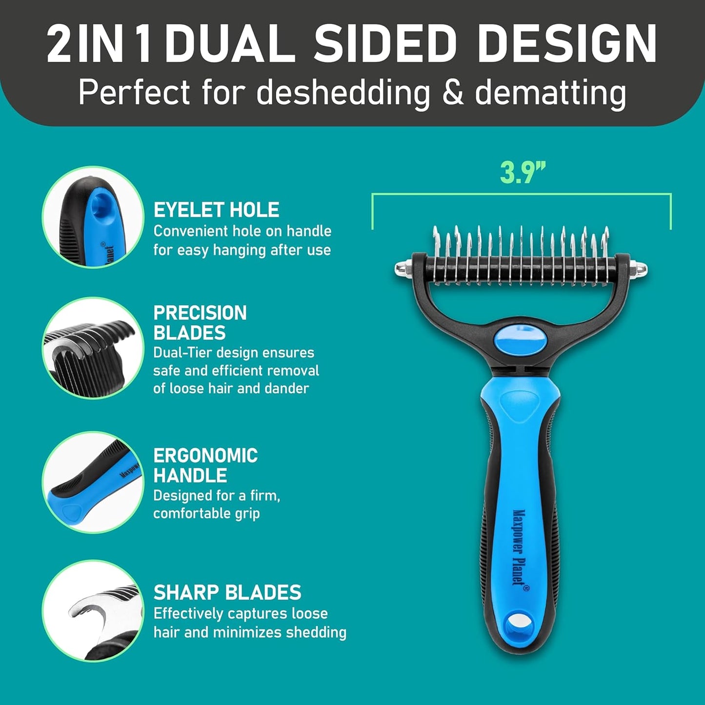Maxpower Planet Pet Grooming Brush - Double Sided Shedding and Dematting Undercoat Rake Comb for Dogs and Cats,Extra Wide, Blue, Dog Grooming Brush, Dog Shedding Brush