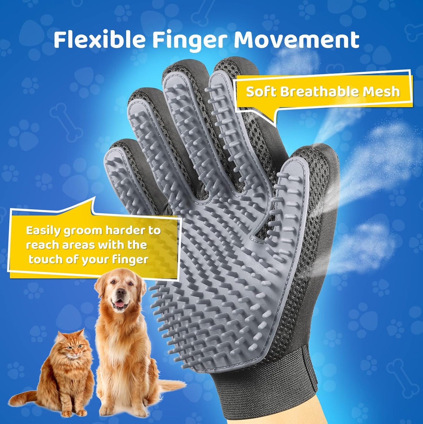 DELOMO Pet Grooming Glove - Gentle Deshedding Brush Glove - Efficient Pet Hair Remover Mitt - Enhanced Five Finger Design - Perfect for Dog & Cat with Long & Short Fur - 1 Pair