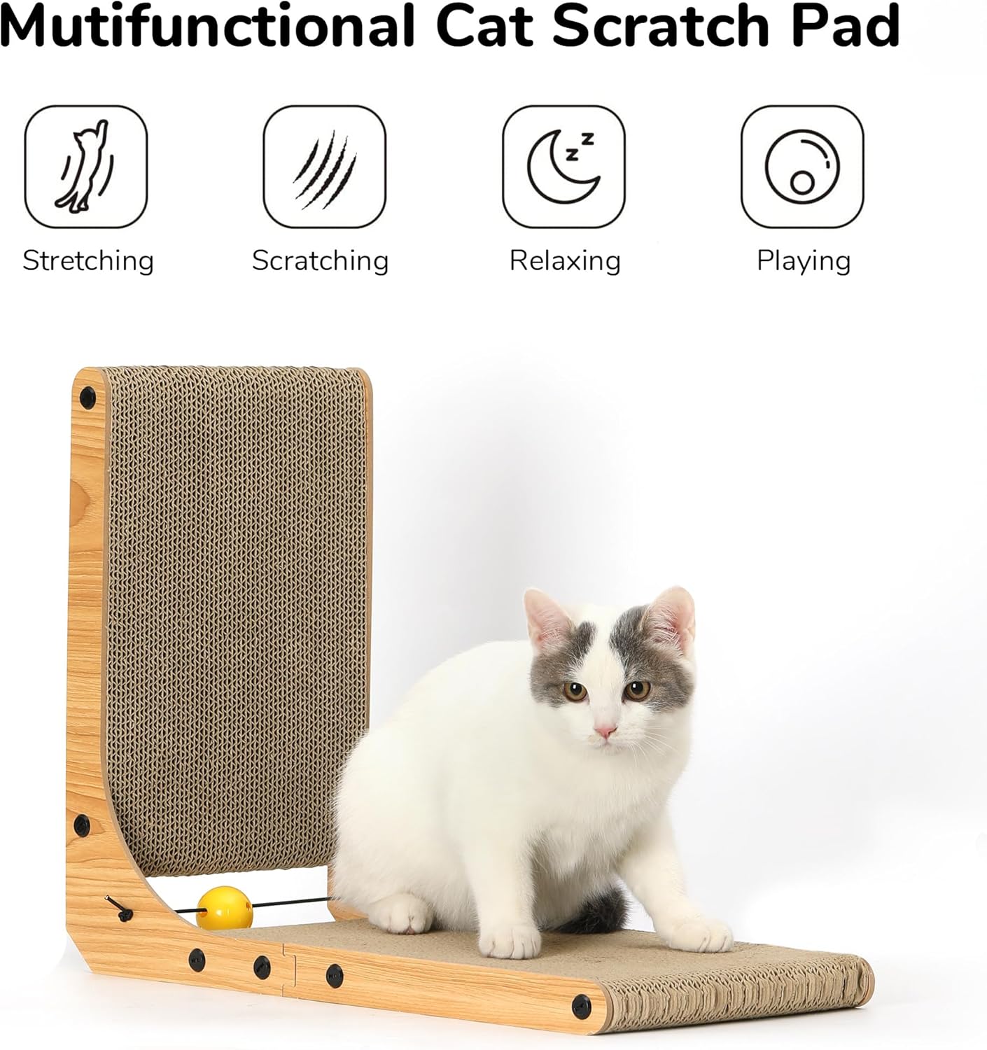 FUKUMARU Cat Scratcher, 26.8 Inch L Shape Cat Scratch Pad Wall Mounted, Cat Scratching Cardboard with Ball Toy for Indoor Cats