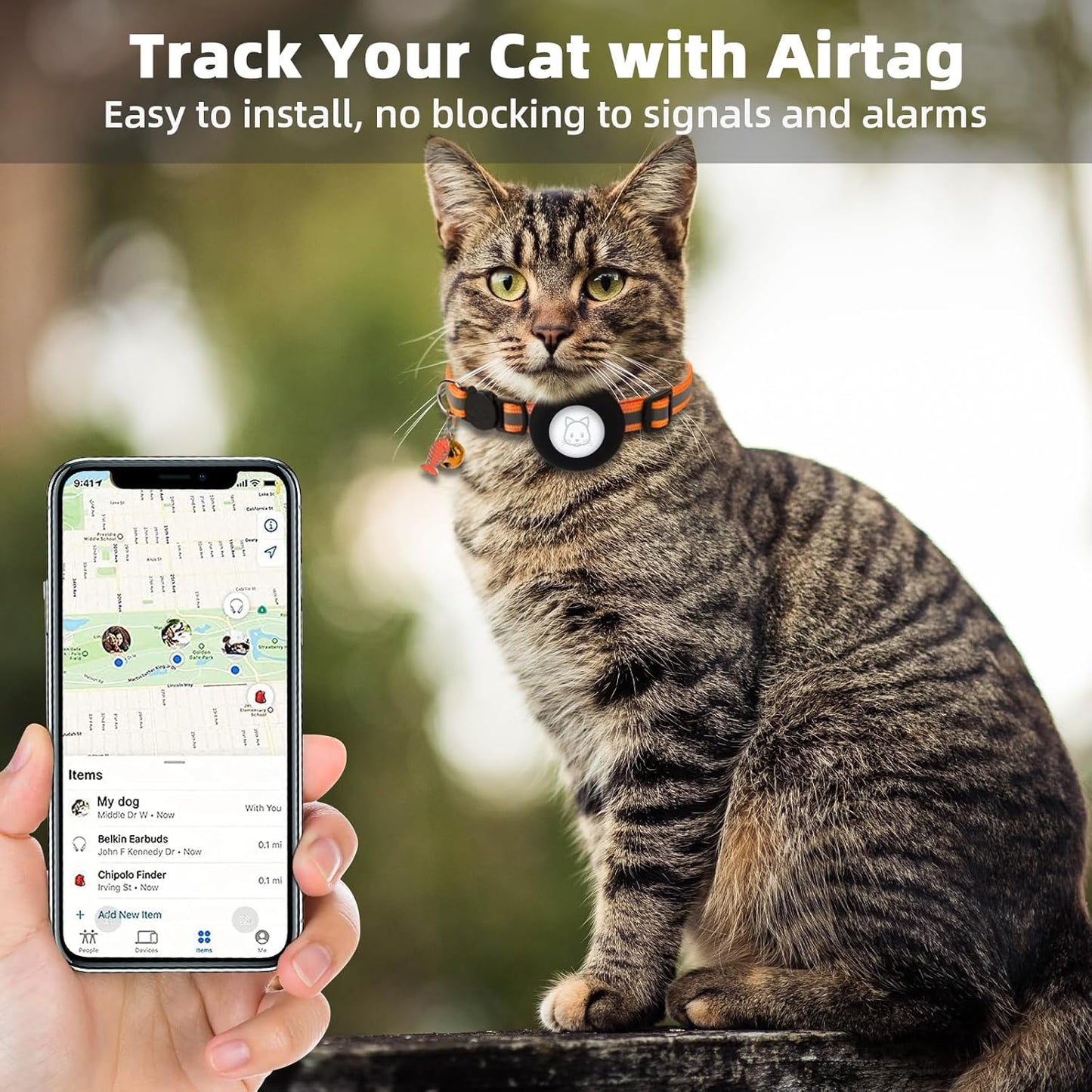 Airtag Cat Collar, Air tag Cat Collar with Bell and Safety Buckle in 3/8" Width, Reflective Collar with Waterproof Airtag Holder Compatible with Apple Airtag for Cat Dog Kitten Puppy (Black)
