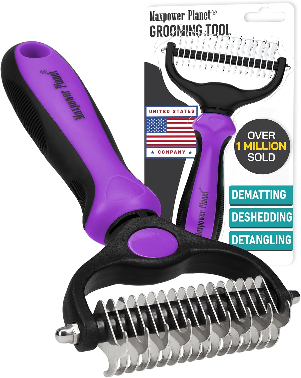 Maxpower Planet Pet Grooming Brush - Double Sided Shedding and Dematting Undercoat Rake Comb for Dogs and Cats,Extra Wide, Blue, Dog Grooming Brush, Dog Shedding Brush