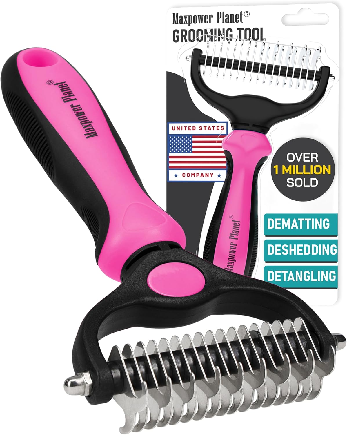 Maxpower Planet Pet Grooming Brush - Double Sided Shedding and Dematting Undercoat Rake Comb for Dogs and Cats,Extra Wide, Blue, Dog Grooming Brush, Dog Shedding Brush