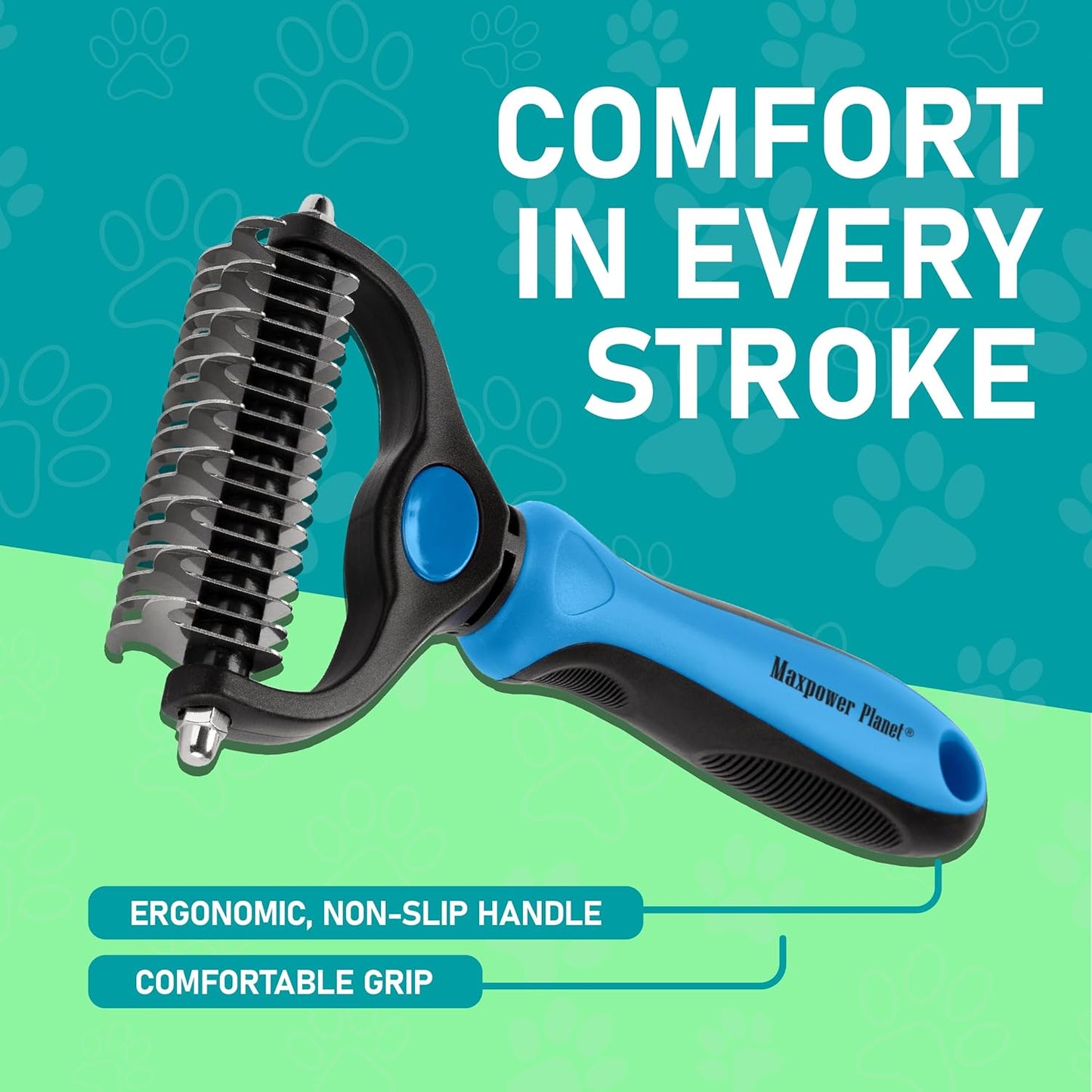 Maxpower Planet Pet Grooming Brush - Double Sided Shedding and Dematting Undercoat Rake Comb for Dogs and Cats,Extra Wide, Blue, Dog Grooming Brush, Dog Shedding Brush