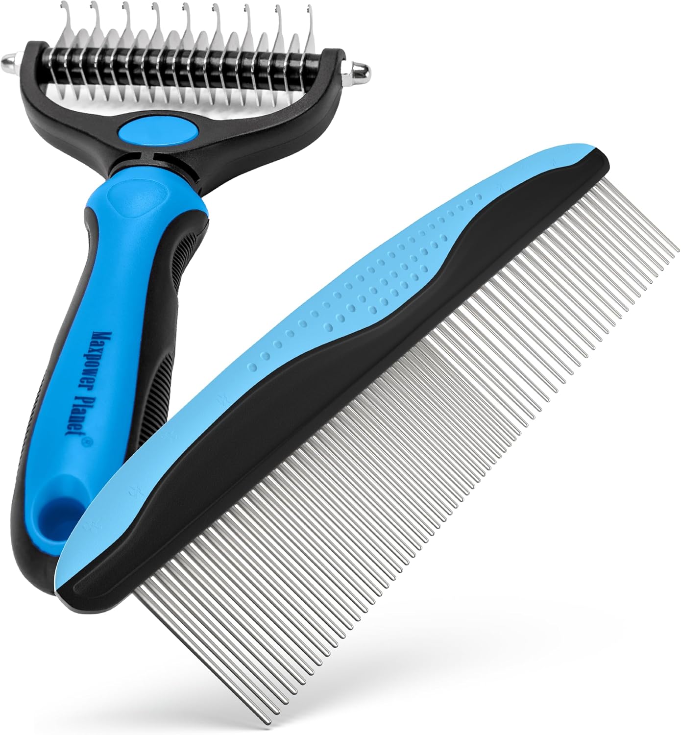 Maxpower Planet Pet Grooming Brush - Double Sided Shedding and Dematting Undercoat Rake Comb for Dogs and Cats,Extra Wide, Blue, Dog Grooming Brush, Dog Shedding Brush