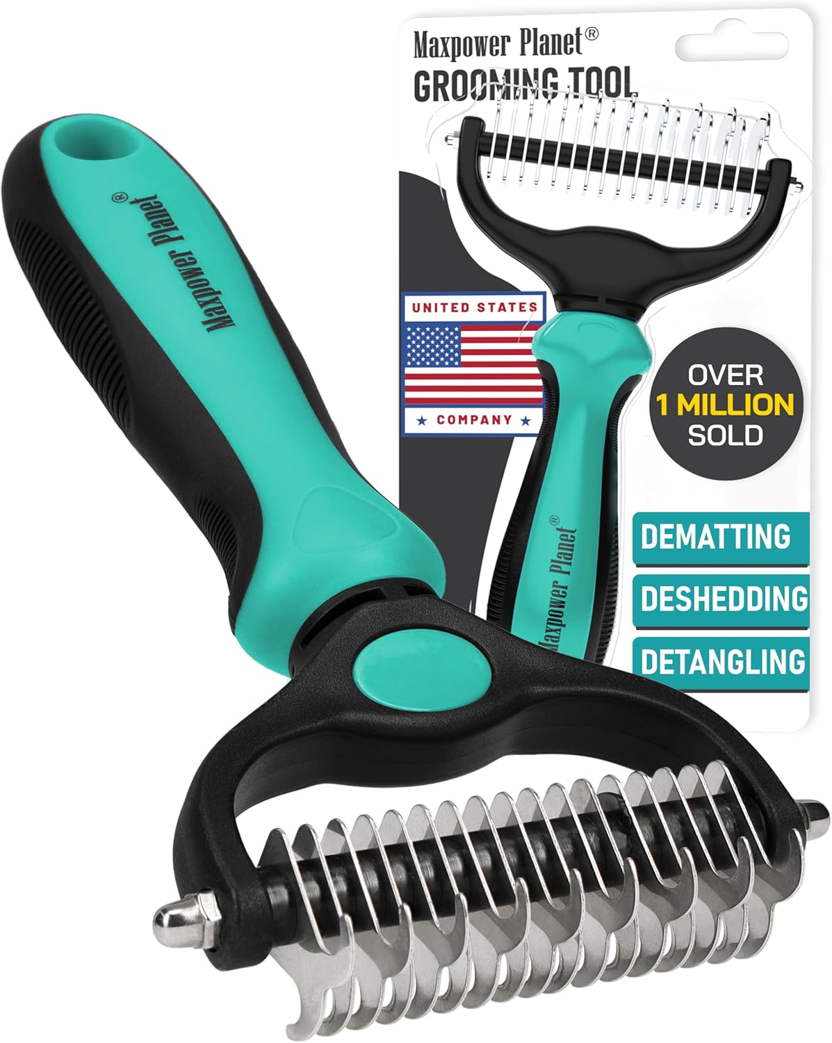 Maxpower Planet Pet Grooming Brush - Double Sided Shedding and Dematting Undercoat Rake Comb for Dogs and Cats,Extra Wide, Blue, Dog Grooming Brush, Dog Shedding Brush