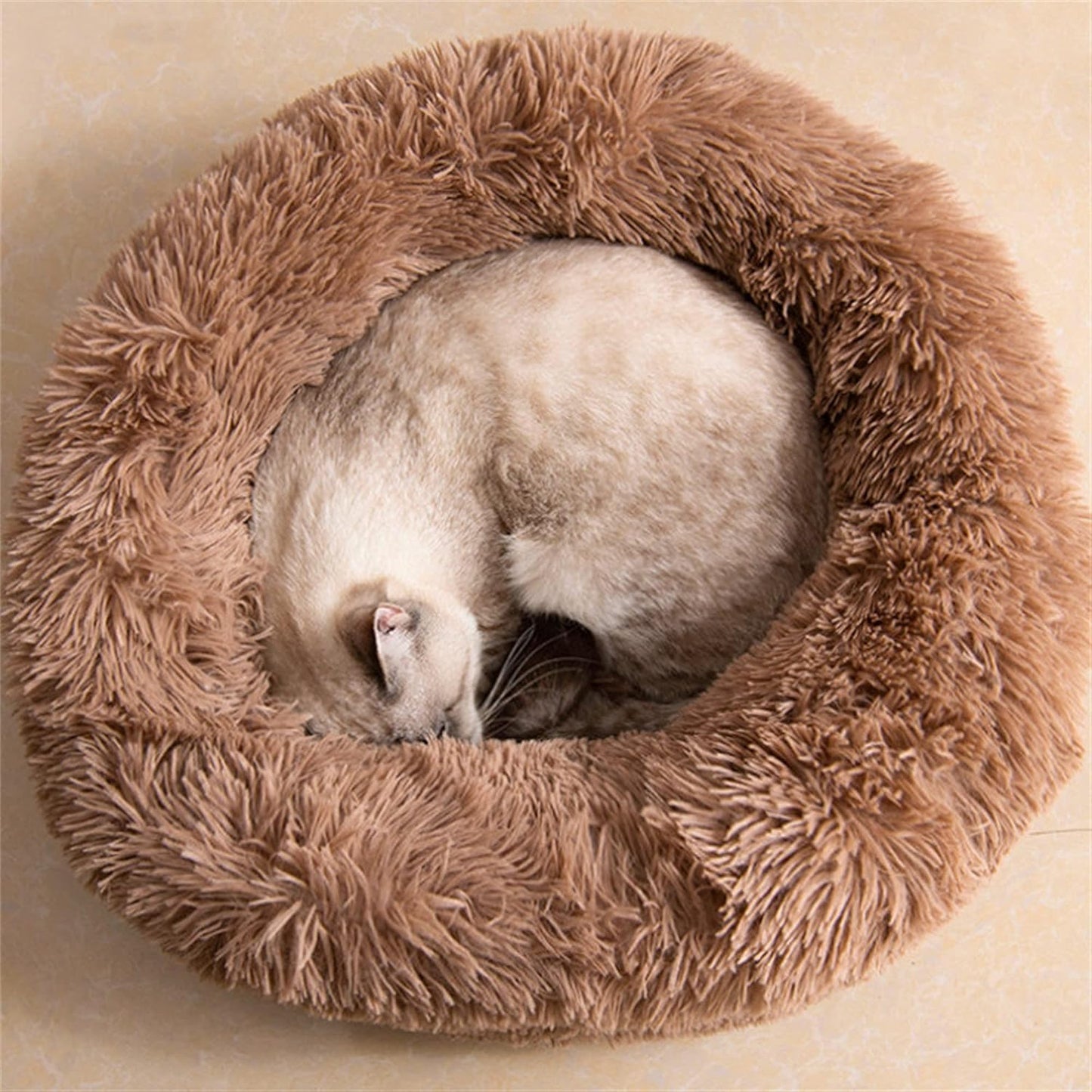 Gavenia Cat Beds for Indoor Cats -20’’x20’’ Washable Donut Cat and Dog Bed,Soft Plush Pet Cushion,Waterproof Bottom - Fluffy Dog and Cat Calming & Self-Warming Bed for and Sleep Improvement (Beige)