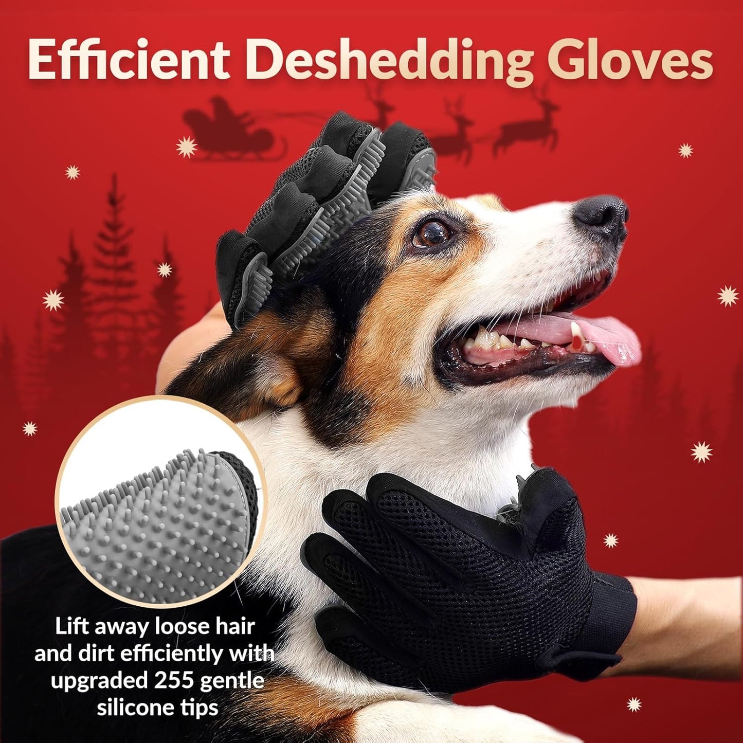 DELOMO Pet Grooming Glove - Gentle Deshedding Brush Glove - Efficient Pet Hair Remover Mitt - Enhanced Five Finger Design - Perfect for Dog & Cat with Long & Short Fur - 1 Pair