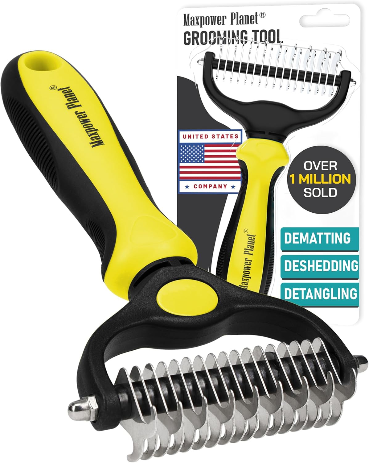 Maxpower Planet Pet Grooming Brush - Double Sided Shedding and Dematting Undercoat Rake Comb for Dogs and Cats,Extra Wide, Blue, Dog Grooming Brush, Dog Shedding Brush