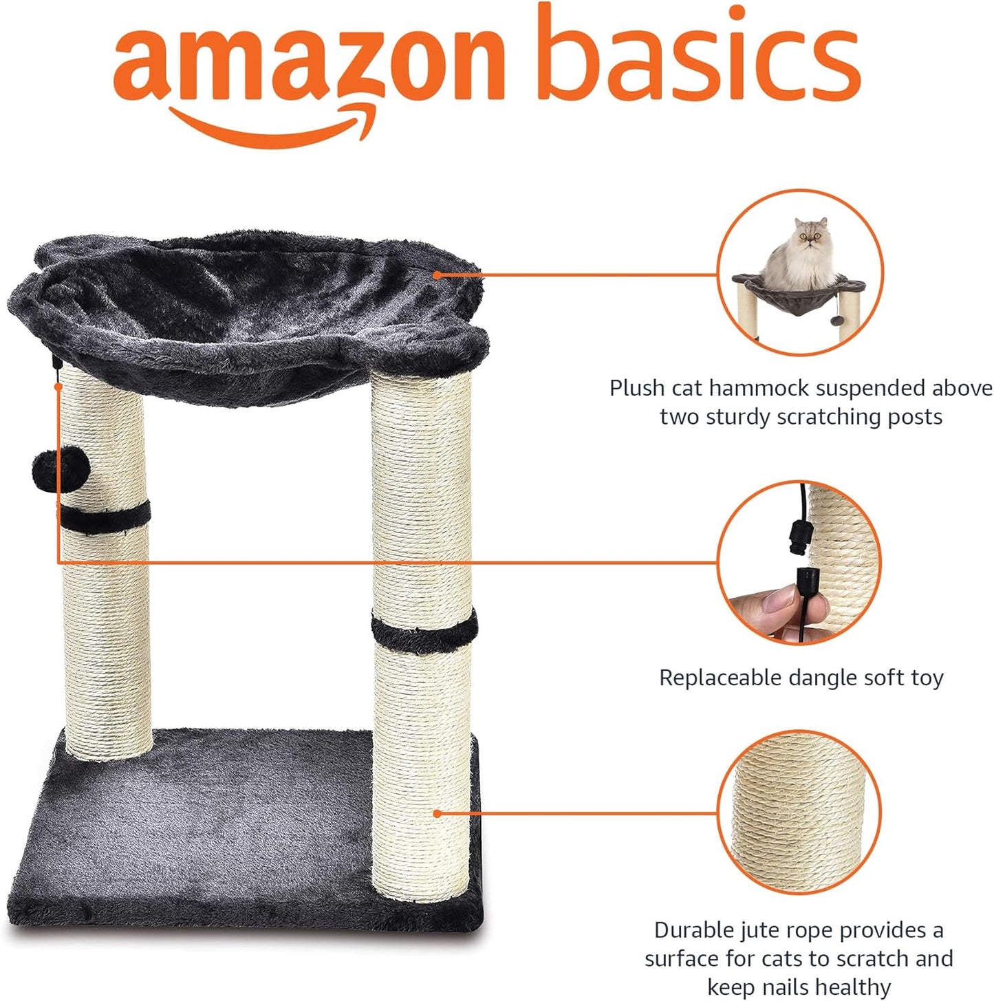 Amazon Basics Cat Tree Tower With Scratching Post And Hammock Bed for Indoor Cat - 40.6 x 51 x 40.6 Cenitmeters, Grey