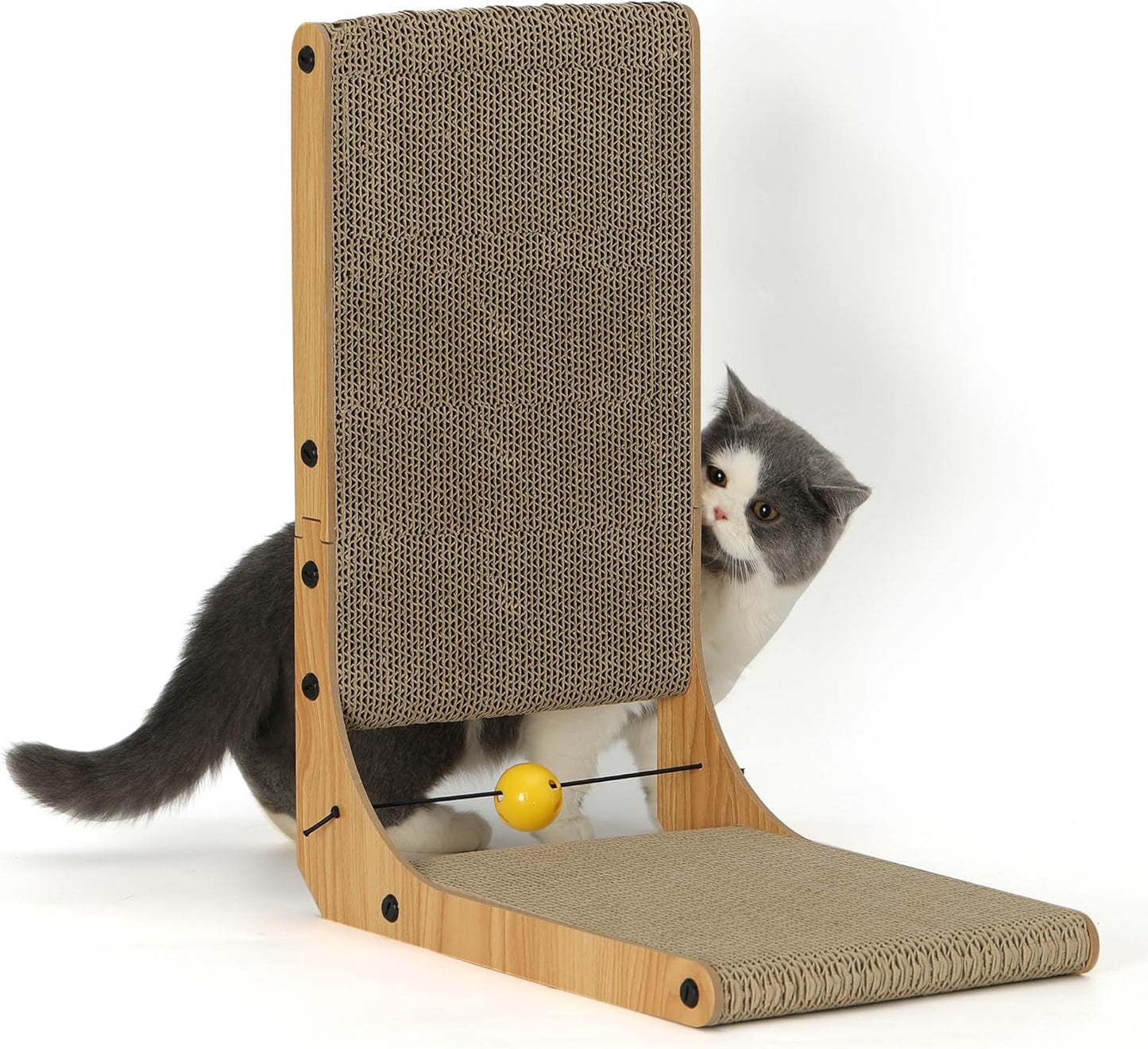 FUKUMARU Cat Scratcher, 26.8 Inch L Shape Cat Scratch Pad Wall Mounted, Cat Scratching Cardboard with Ball Toy for Indoor Cats