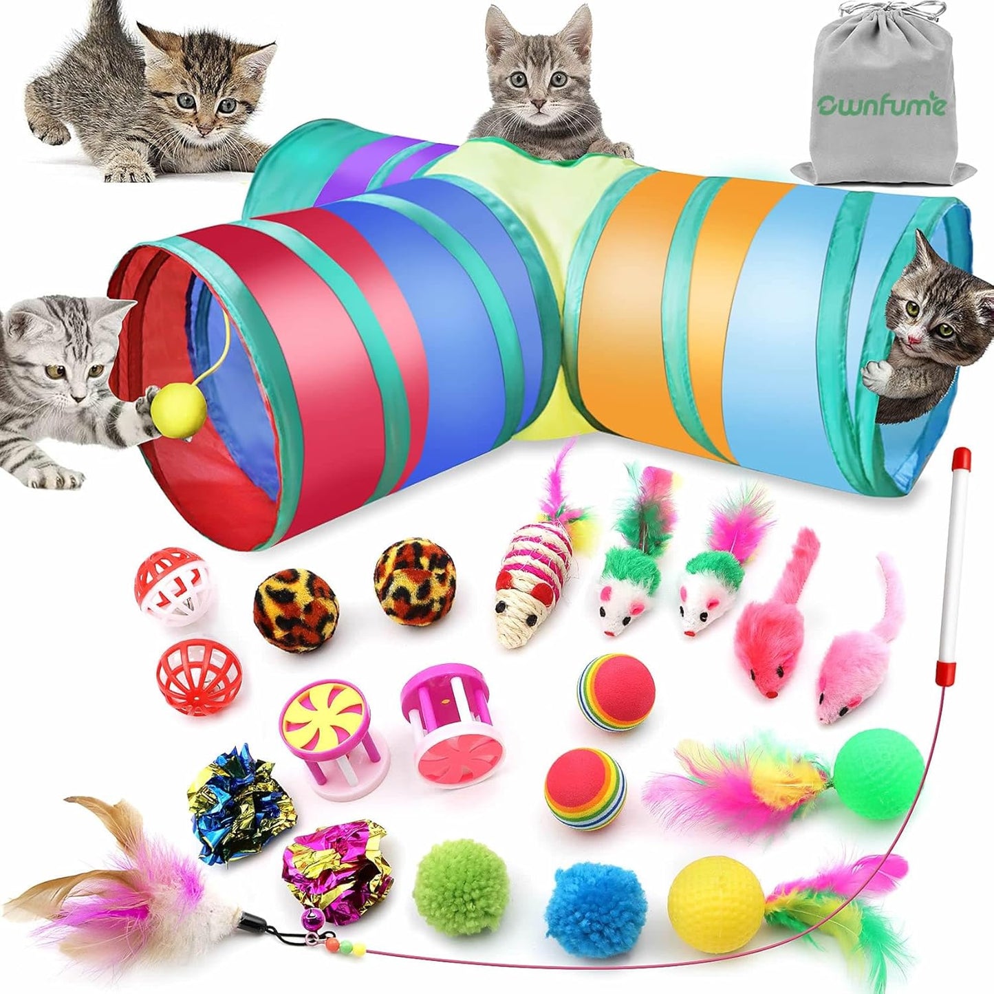 Ownfume 38 Pcs Cat Toys,Kitten Toys,Cat Toys Interactive Accessories for Indoor Cats,Cat Tunnel,Variety Teaser Wand with Feathers,Cat Toys for Kittens Biting,Catnip Fish,Mice,Balls for Cat Pet Lovers