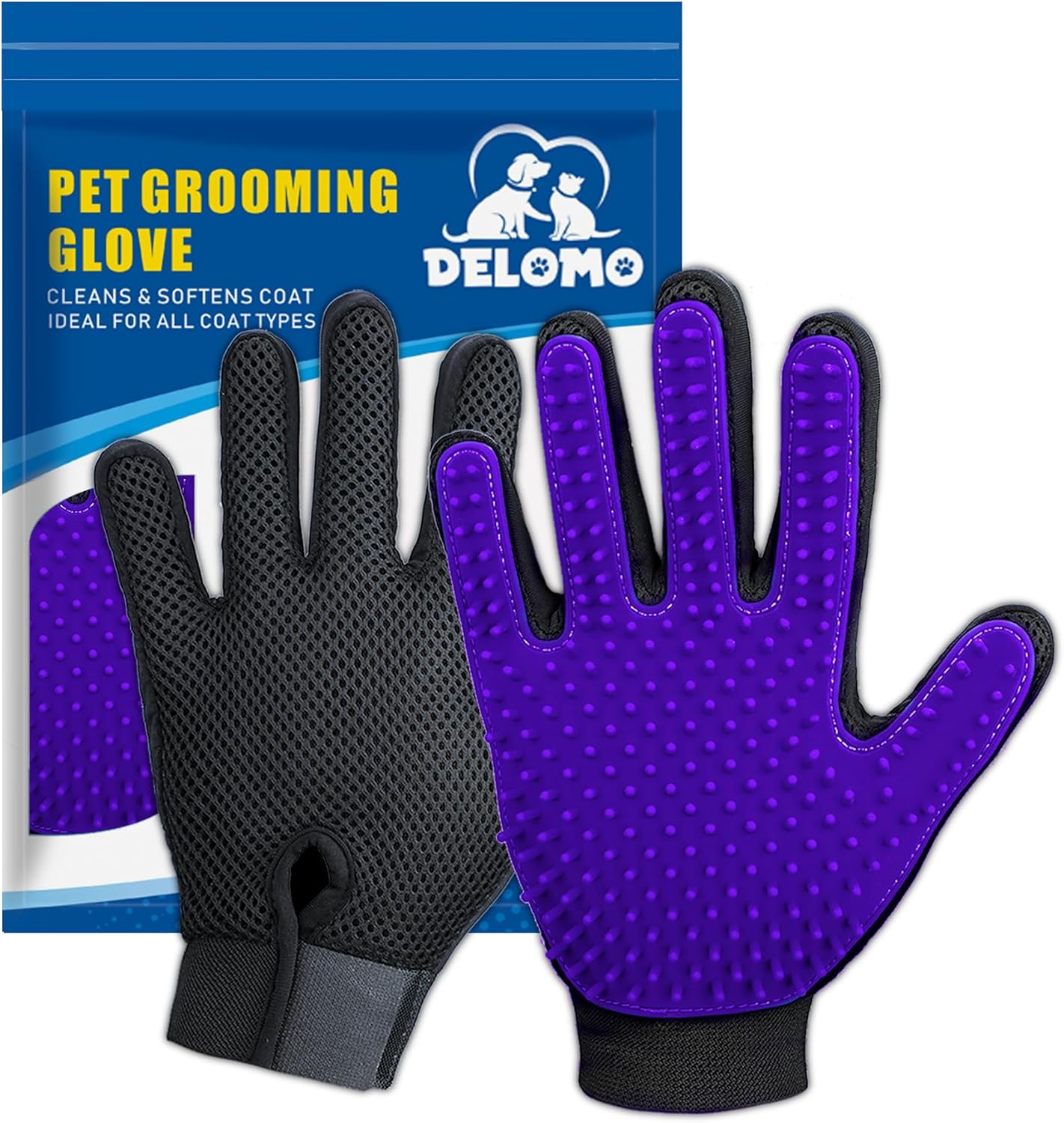 DELOMO Pet Grooming Glove - Gentle Deshedding Brush Glove - Efficient Pet Hair Remover Mitt - Enhanced Five Finger Design - Perfect for Dog & Cat with Long & Short Fur - 1 Pair
