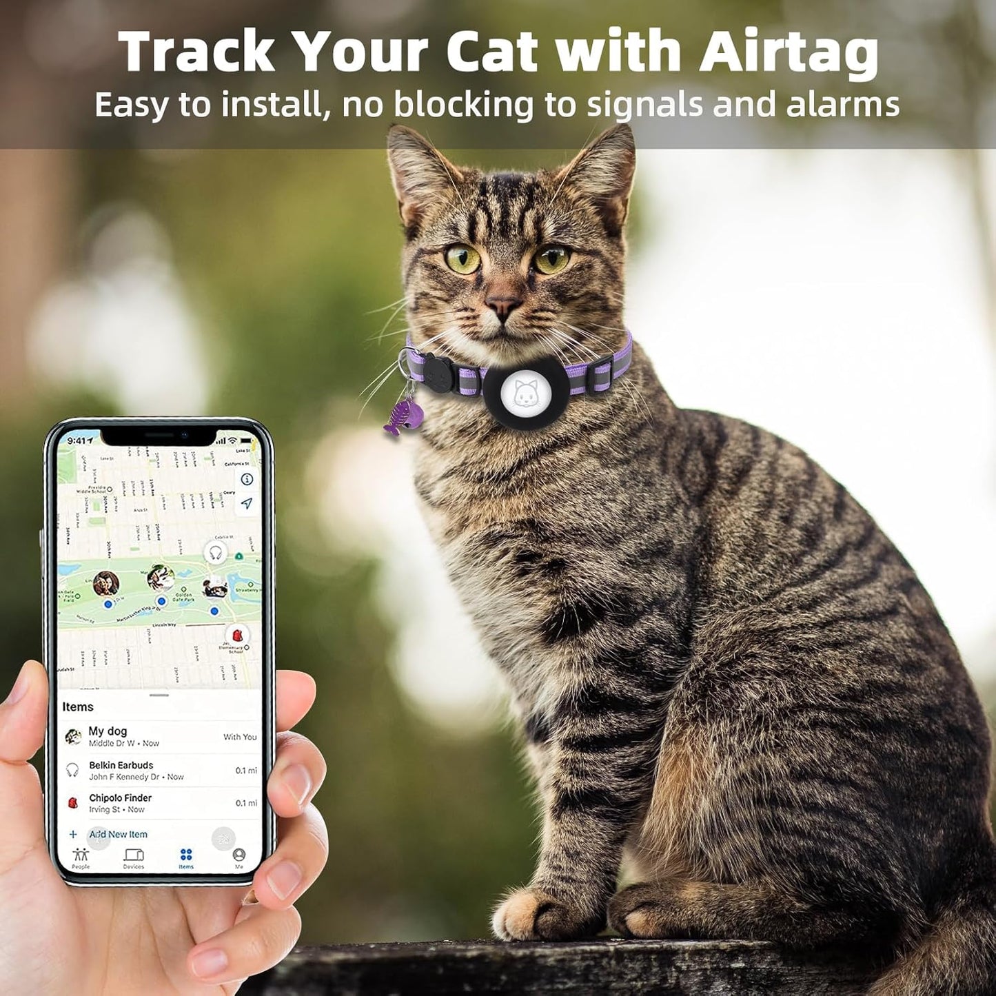 Airtag Cat Collar, Air tag Cat Collar with Bell and Safety Buckle in 3/8" Width, Reflective Collar with Waterproof Airtag Holder Compatible with Apple Airtag for Cat Dog Kitten Puppy (Black)