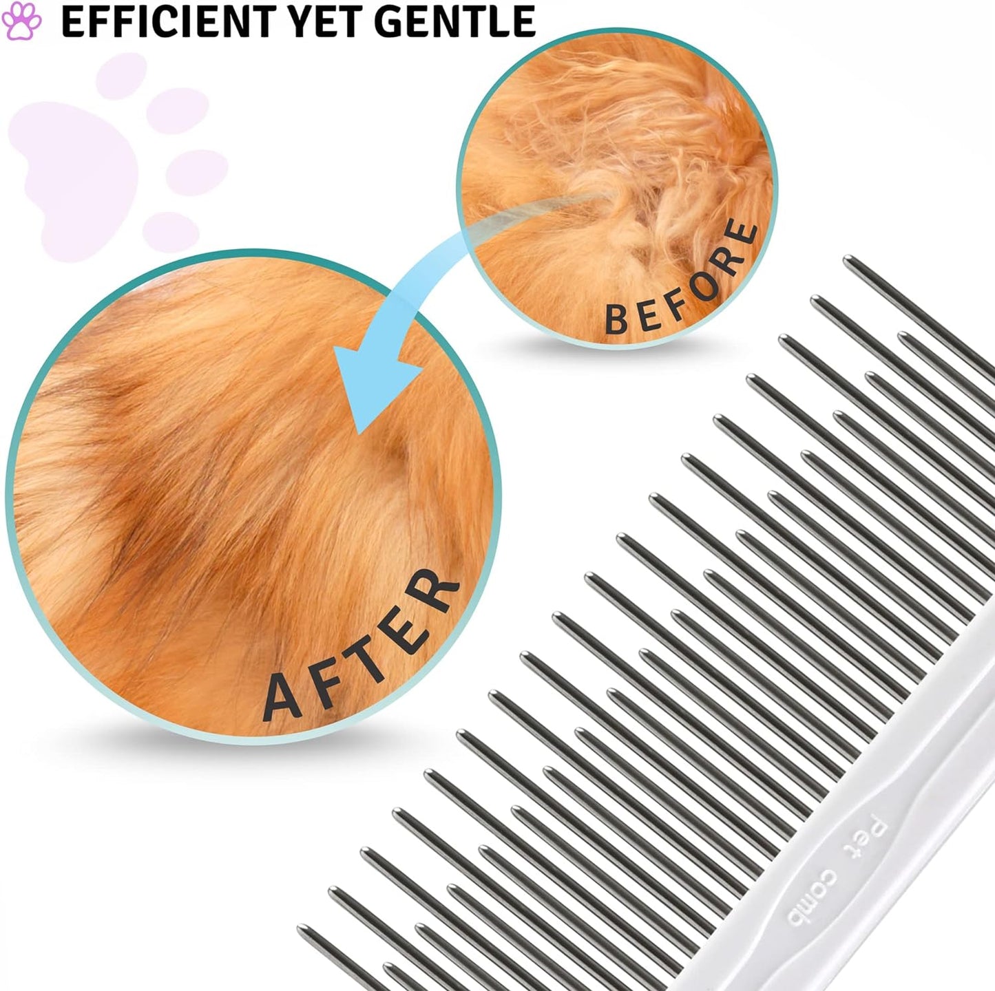 Detangling Pet Comb with Long & Short Stainless Steel Teeth for Removing Matted Fur, Knots & Tangles – Detangler Tool Accessories for Safe & Gentle DIY Dog & Cat Grooming (Grooming Comb)