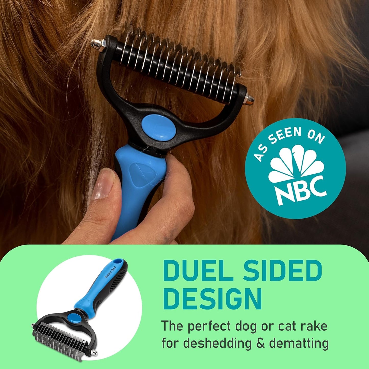 Maxpower Planet Pet Grooming Brush - Double Sided Shedding and Dematting Undercoat Rake Comb for Dogs and Cats,Extra Wide, Blue, Dog Grooming Brush, Dog Shedding Brush
