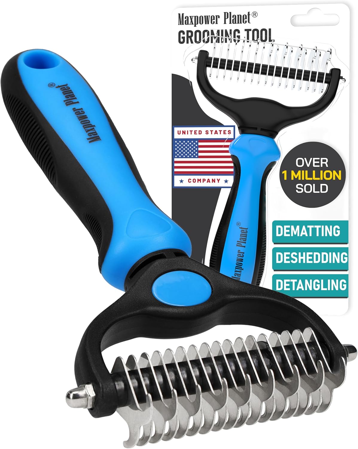 Maxpower Planet Pet Grooming Brush - Double Sided Shedding and Dematting Undercoat Rake Comb for Dogs and Cats,Extra Wide, Blue, Dog Grooming Brush, Dog Shedding Brush