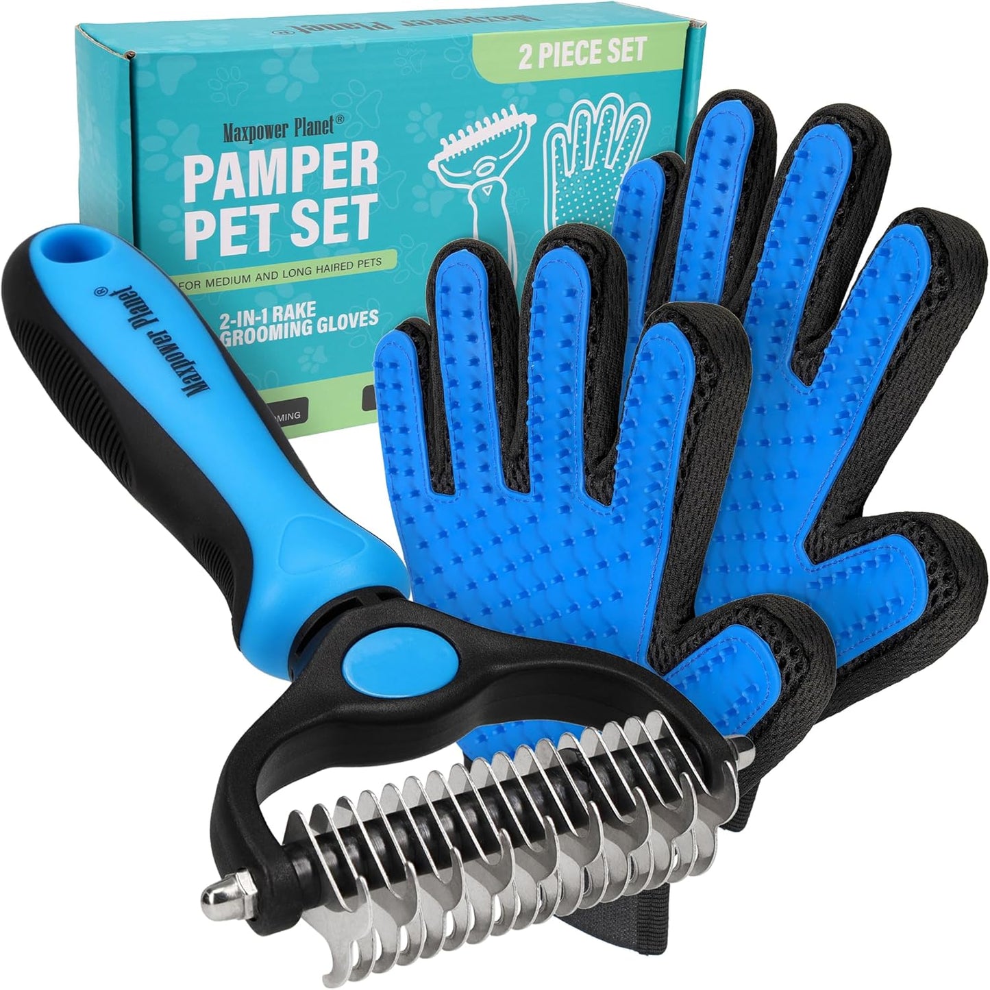 Maxpower Planet Pet Grooming Brush - Double Sided Shedding and Dematting Undercoat Rake Comb for Dogs and Cats,Extra Wide, Blue, Dog Grooming Brush, Dog Shedding Brush
