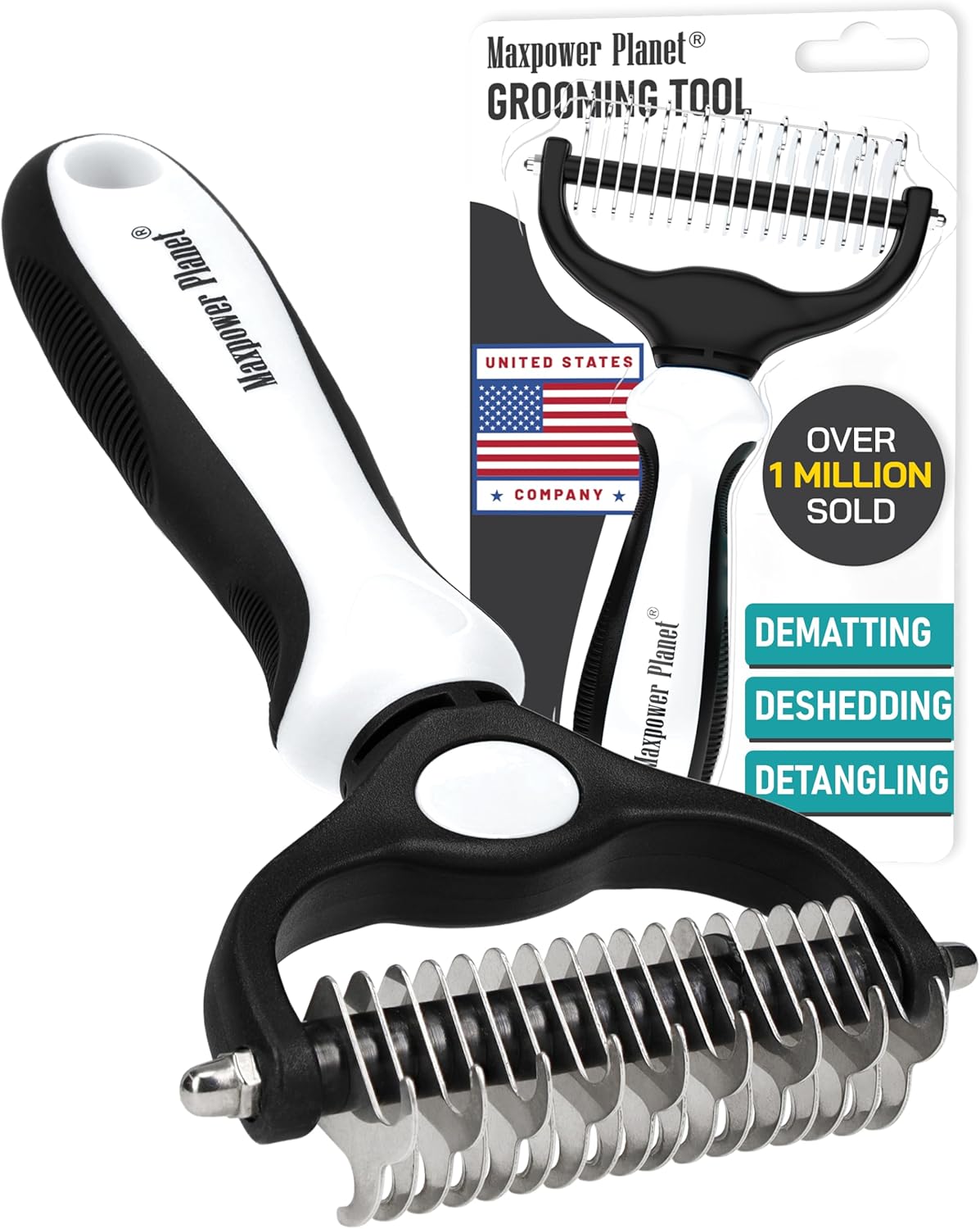 Maxpower Planet Pet Grooming Brush - Double Sided Shedding and Dematting Undercoat Rake Comb for Dogs and Cats,Extra Wide, Blue, Dog Grooming Brush, Dog Shedding Brush