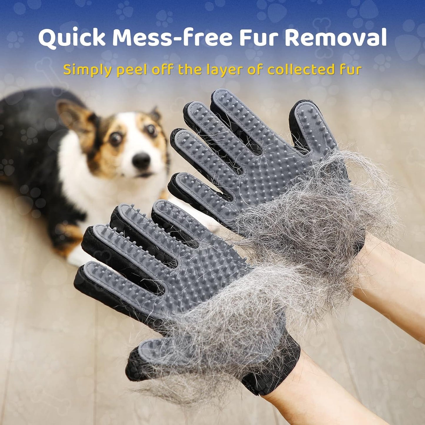 DELOMO Pet Grooming Glove - Gentle Deshedding Brush Glove - Efficient Pet Hair Remover Mitt - Enhanced Five Finger Design - Perfect for Dog & Cat with Long & Short Fur - 1 Pair